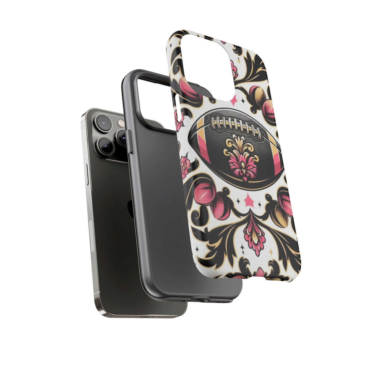 Elegant Floral Motif Phone Case - Tough Cases with Vintage Design - Damask White, Pink Gold & Black Football