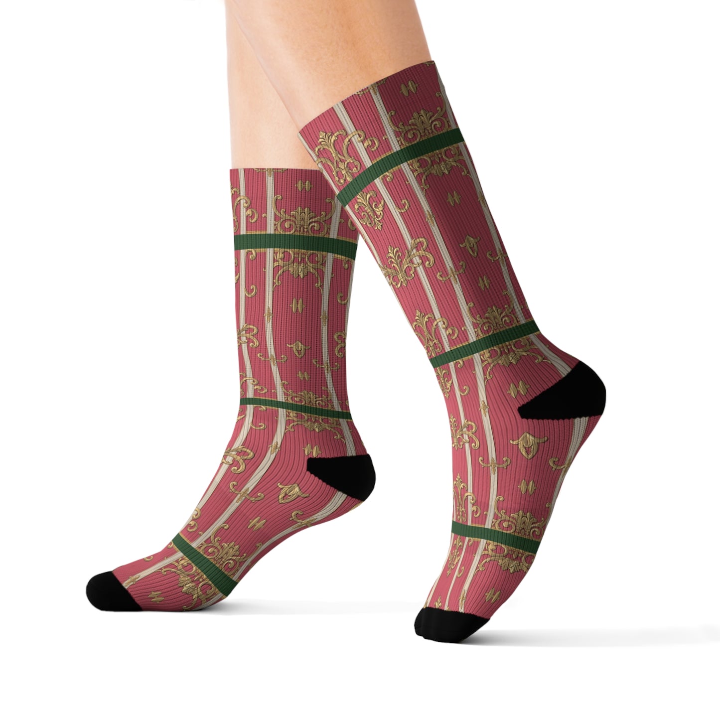 Green Border Pink Striped Baroque Socks, Holiday Gift Socks, Cozy Winter Socks, Christmas Socks, Unique Sublimated Socks