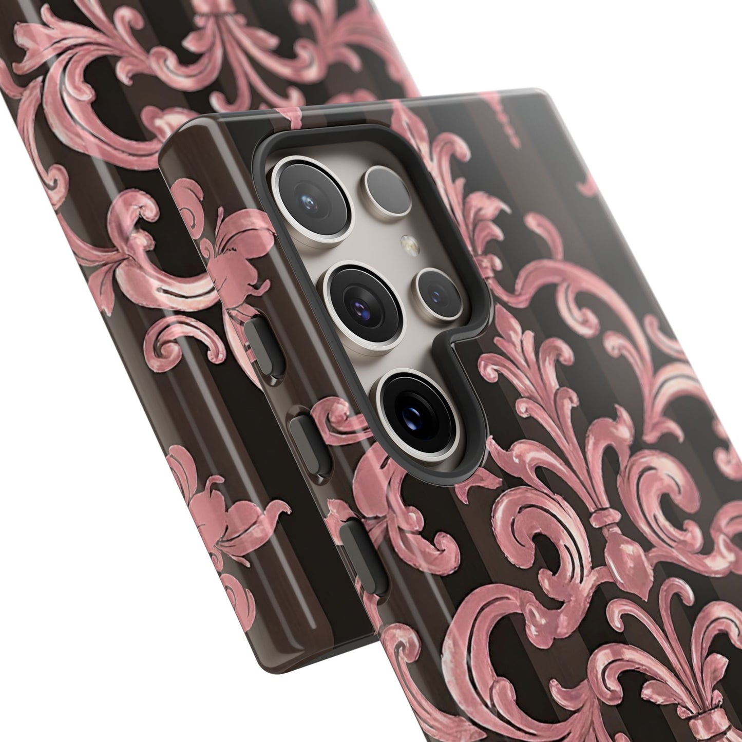 Elegant Floral Motif Phone Case - Tough Cases with Vintage Design - Brown Striped Mauve Damask
