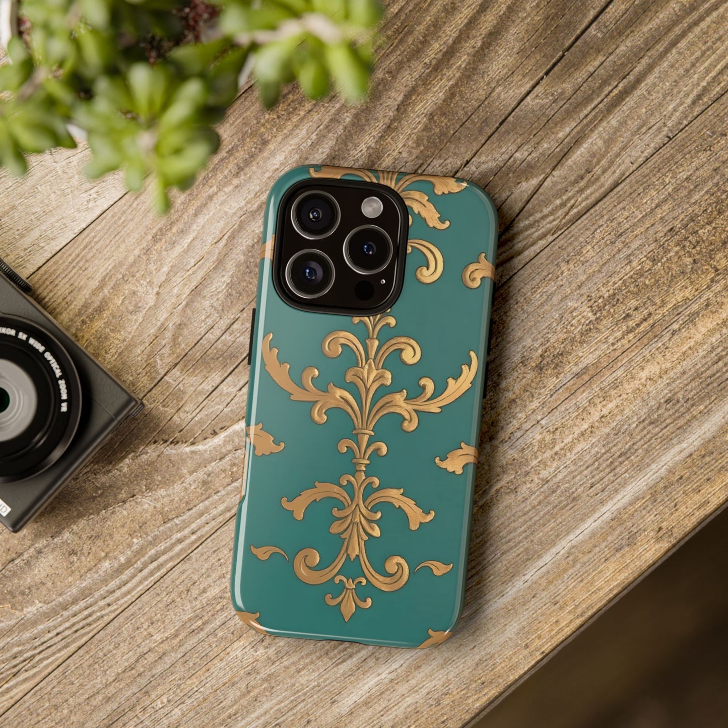Elegant Floral Motif Phone Case - Tough Cases with Vintage Design - Aqua & Gold Damask