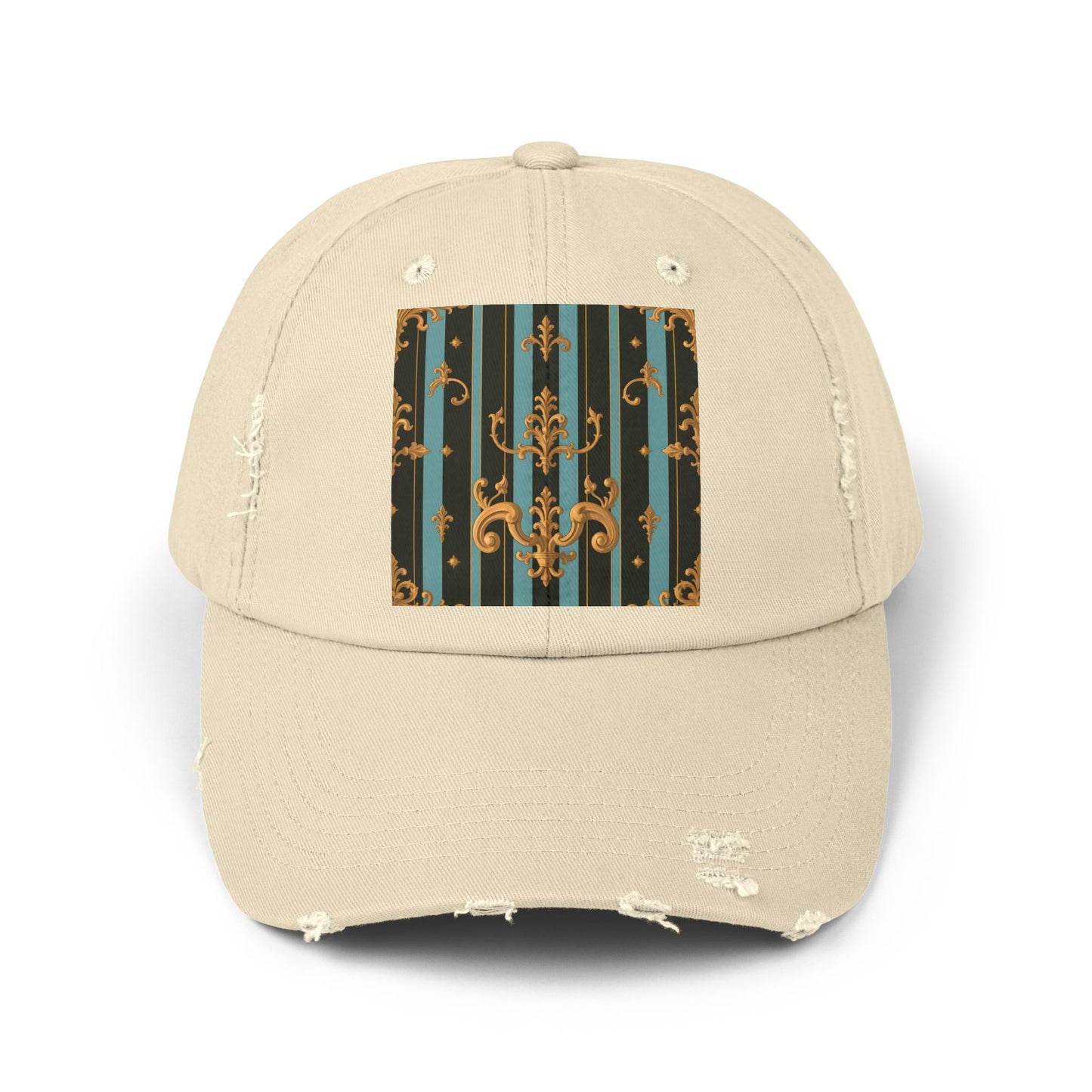 Vintage-Inspired Unisex Distressed Cap with Elegant Stripes and Ornate Design, Casual Hat for Fashion Lovers - Black & Turquoise Striped Baroque