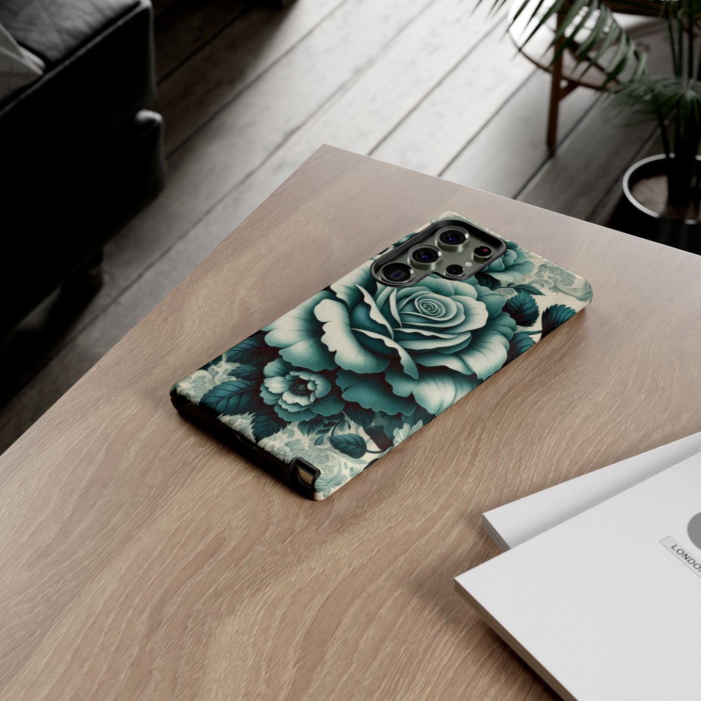 Elegant Floral Motif Phone Case - Tough Cases with Vintage Design - Teal Roses & Damask