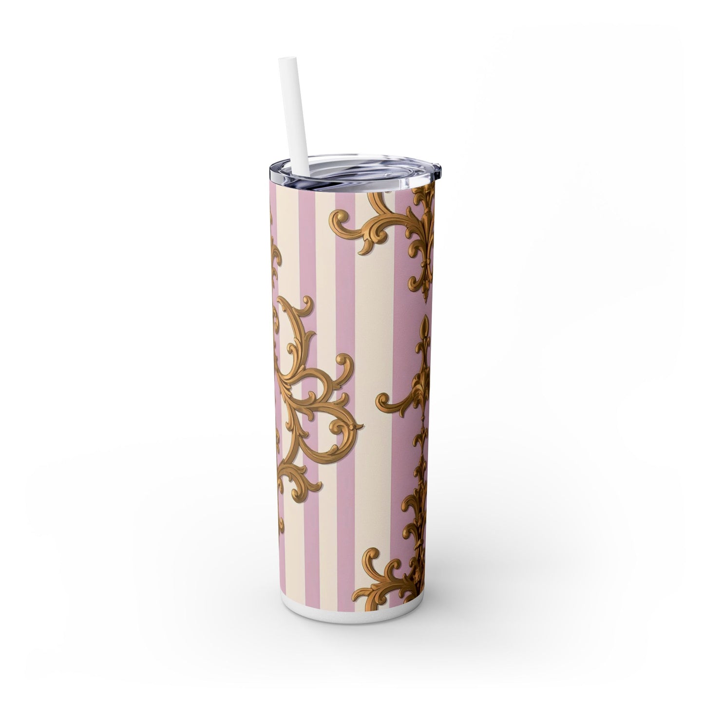 Elegant Pink Tumbler, Gold Patterned Travel Cup, Insulated Drink Holder, Stylish Coffee Tumbler - Lilac & Alabaster Striped Gold Baroque