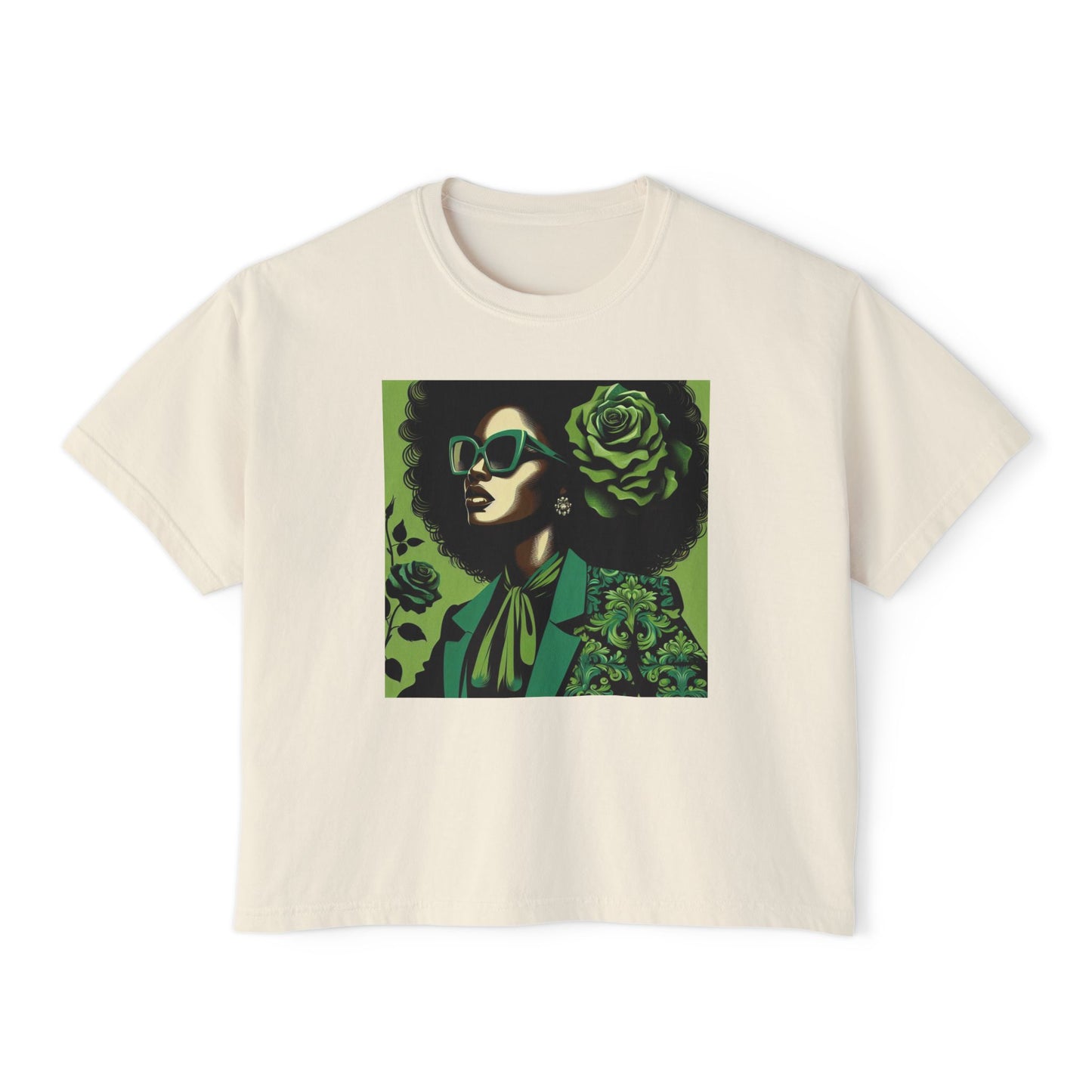 Chic Women's Boxy Tee - Vintage Afro Art, Trendy Casual Look, Gift for Her, Summer Style, Eco-Friendly Fashion - Lady in Green Damask