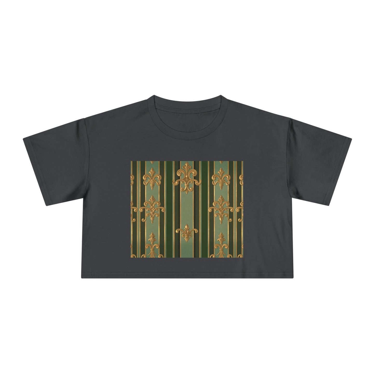 Chic Baroque Women's Crop Tee, Trendy Summer Top, Casual Outing Shirt, Stylish Layering Piece, Gift for Her - Green Striped Gold Baroque