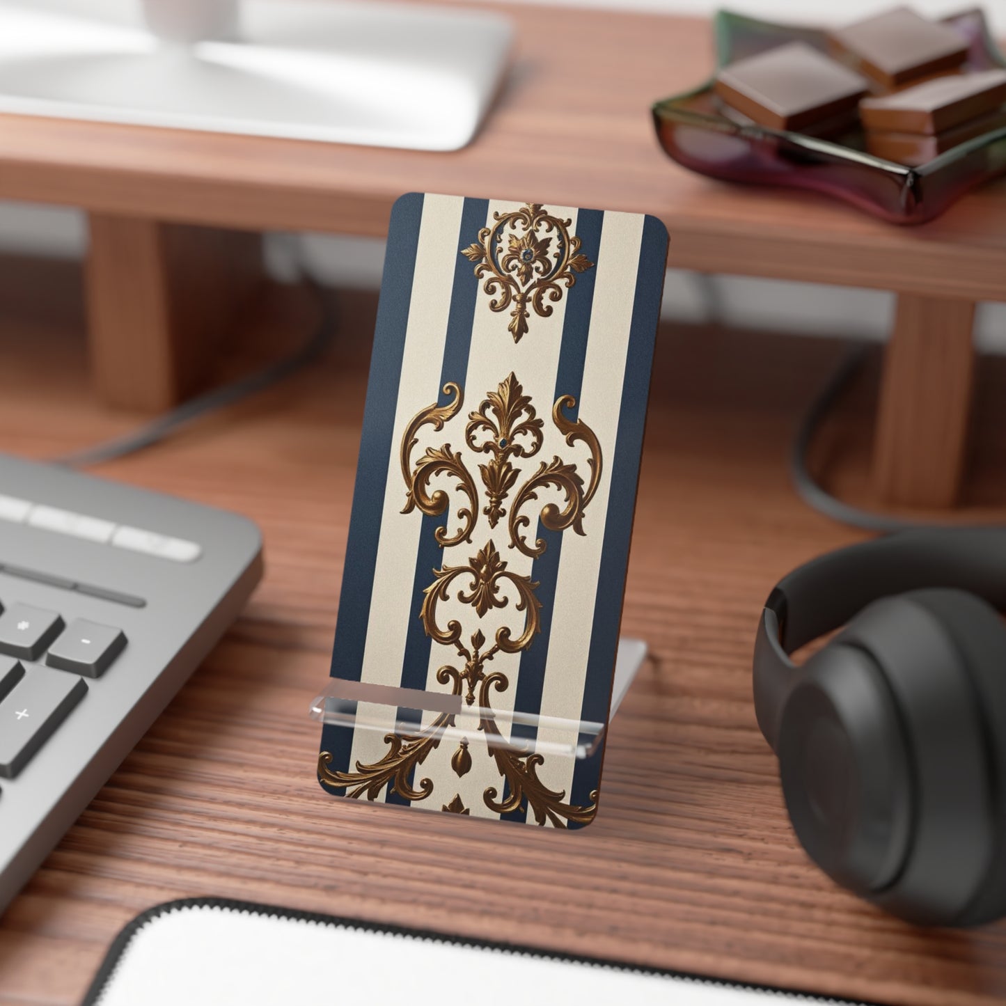 Elegant Floral Motif Smartphone Display Stand - Alabaster & Blue Striped Gold Damask - Decorative Mobile Holder