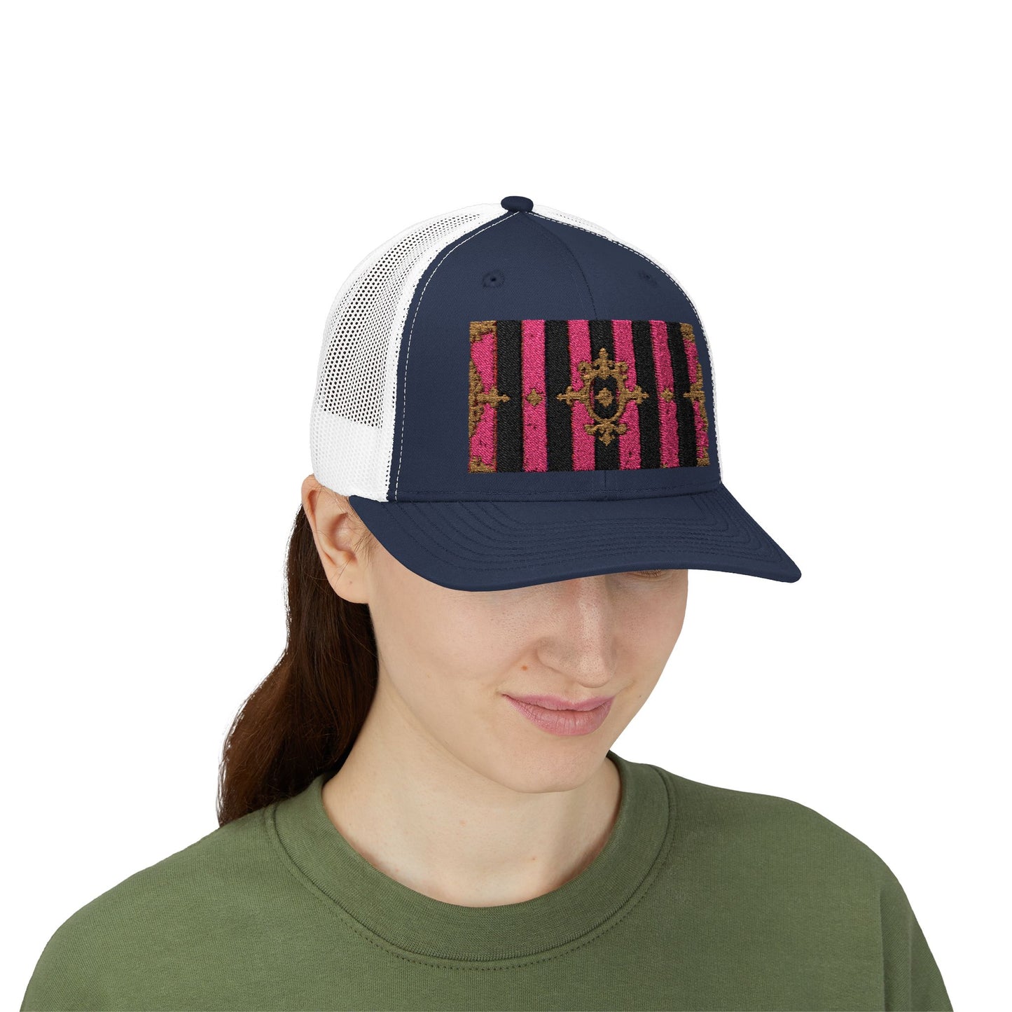 Stylish Snapback Trucker Cap with Black & Mauve Striped Gold Baroque, Trendy Fashion Hat, Perfect Gift for Him/Her