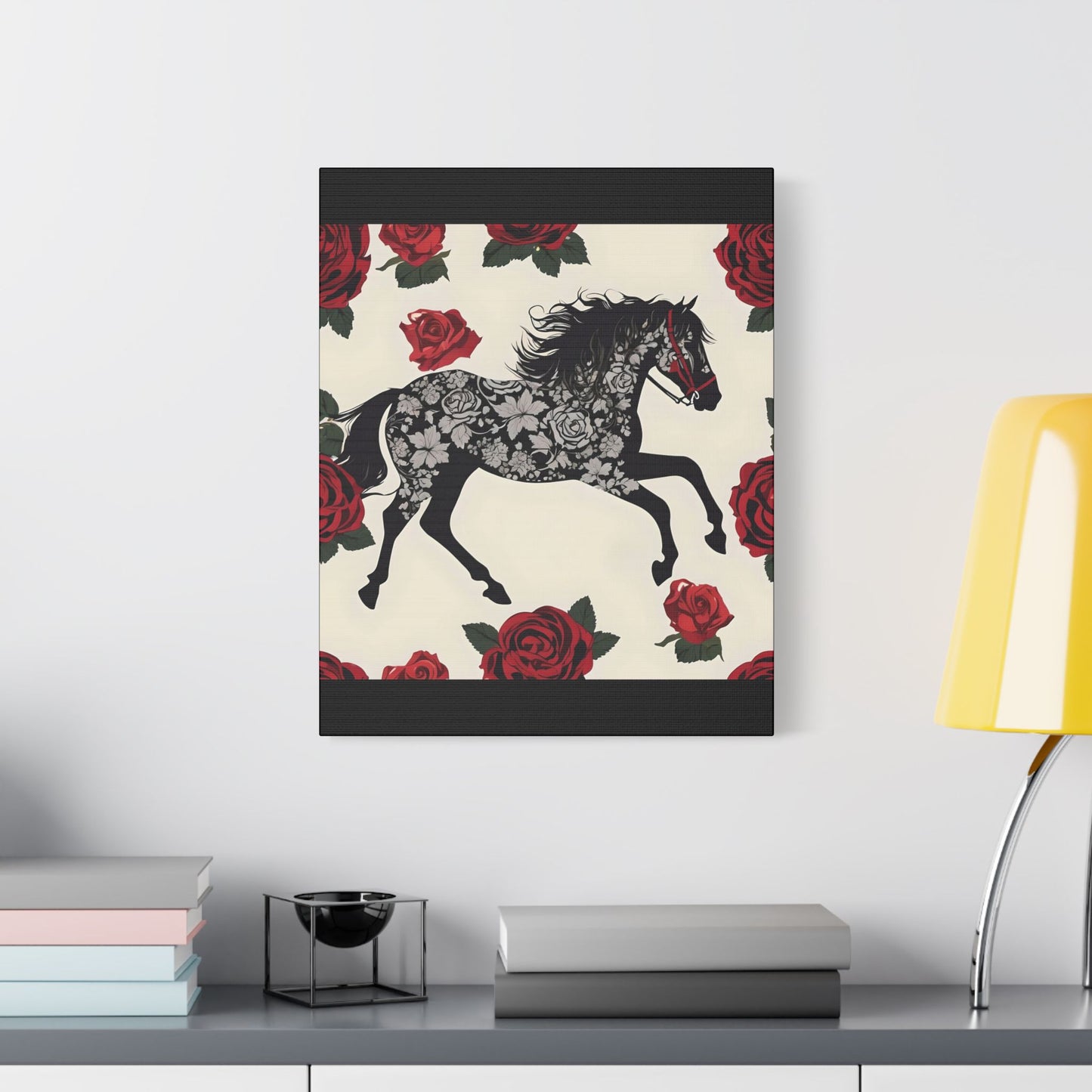 Art Print Canvas, Wall Decor, Satin Stretched Canvas, Equestrian Art, Office Decor, Home Decor - Horse & Roses