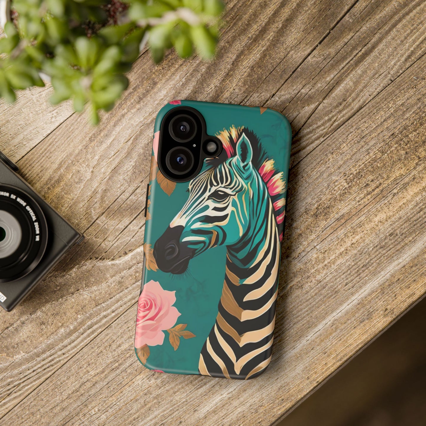 Phone Case - Elegant Teal & Gold Zebra & Roses Design
