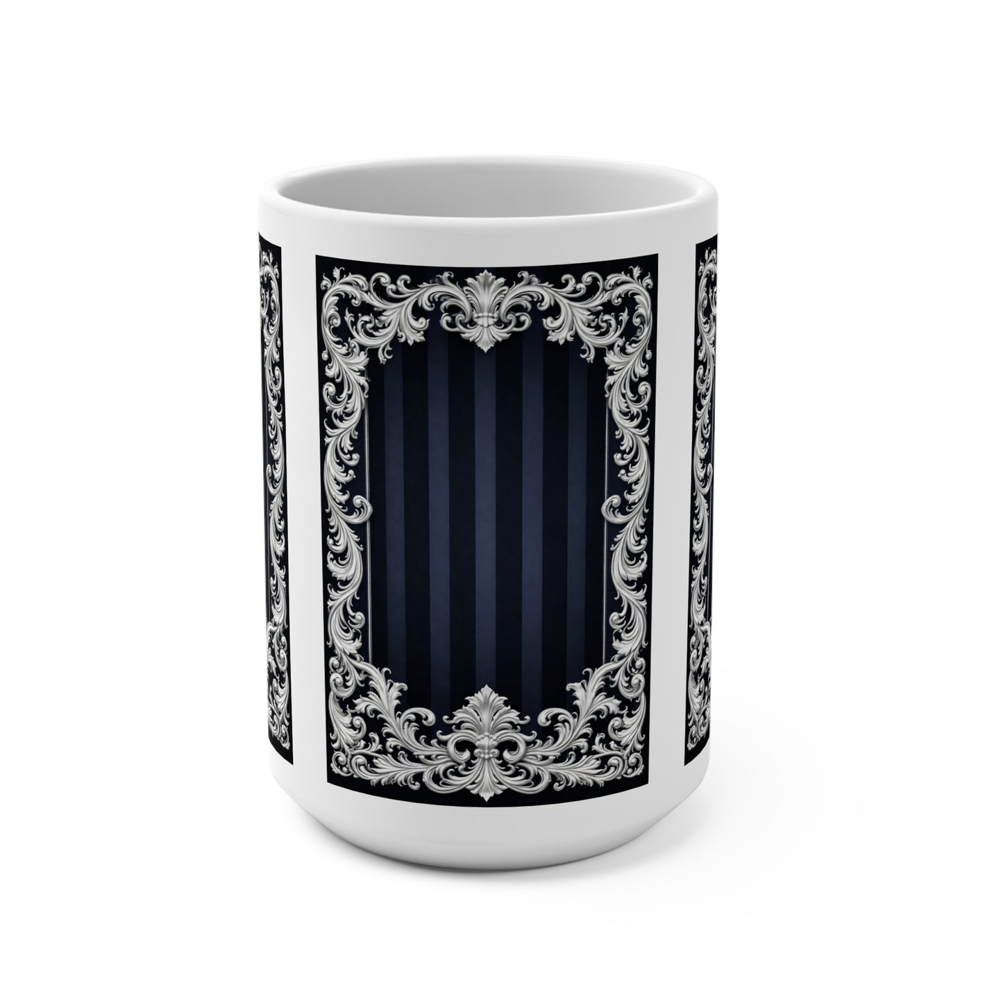 Navy Stripes & Baroque Frame 15oz Ceramic Mug — Elegant Vintage Navy Striped Coffee Cup