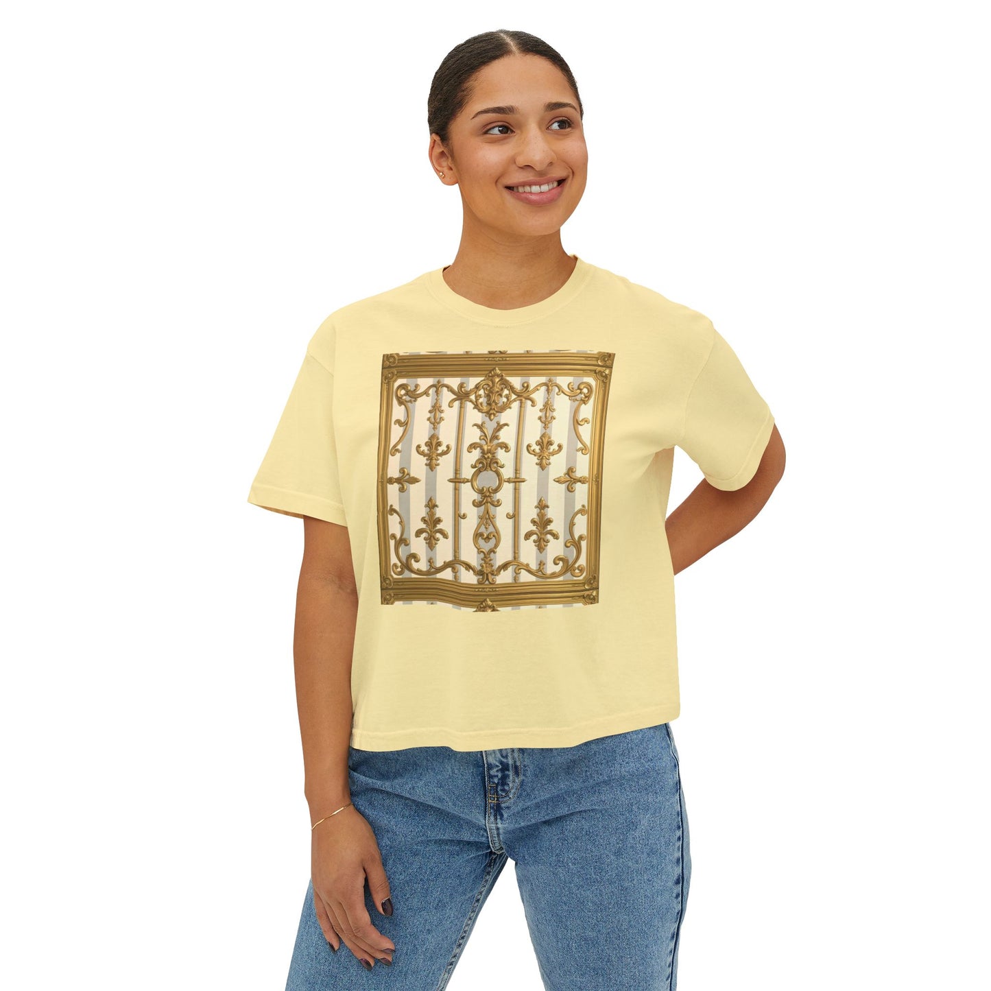 Chic Women's Boxy Tee with Elegant Gate Design, Stylish Casual Wear, Summer Tee, Gift for Her - Matte Gray & Cream Striped Gold Baroque