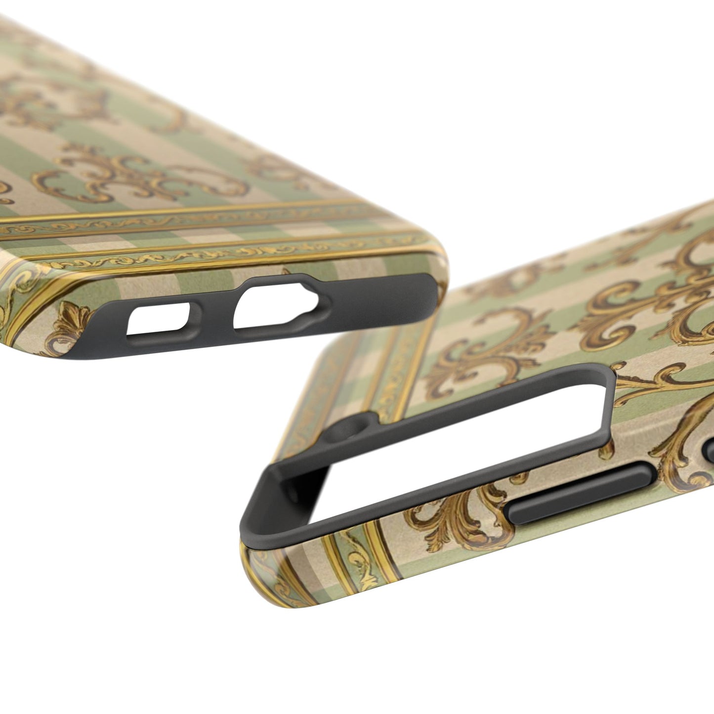 Vintage Elegance Phone Case, Tough Phone Cases for Style, Gift for Birthdays, Stylish Protection - Mint Green & Beige Striped Gold Baroque