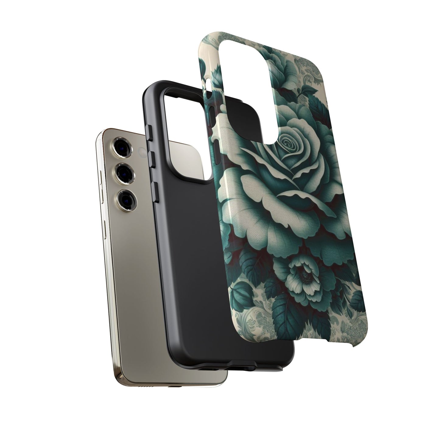Elegant Floral Motif Phone Case - Tough Cases with Vintage Design - Teal Roses & Damask