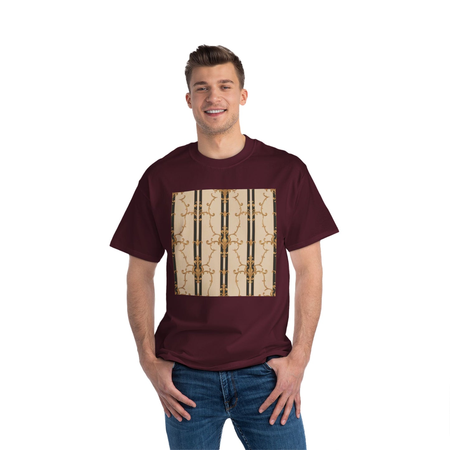 Stylish Graphic Tee for Casual Wear, Fashionable Short-Sleeve Shirt, Unique Summer Top - Black & Beige Striped Damask