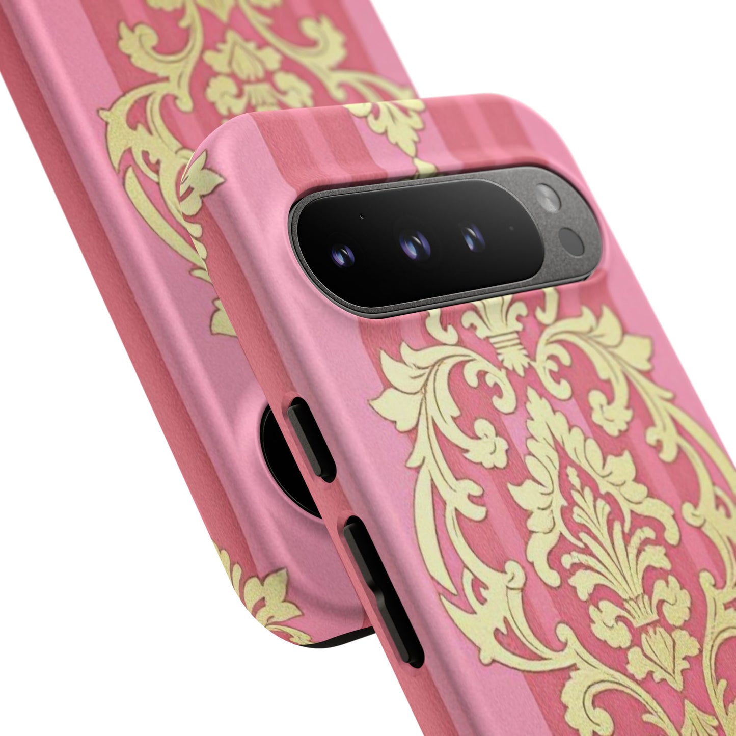 Elegant Floral Motif Phone Case - Tough Cases with Vintage Design - Pink Striped Damask