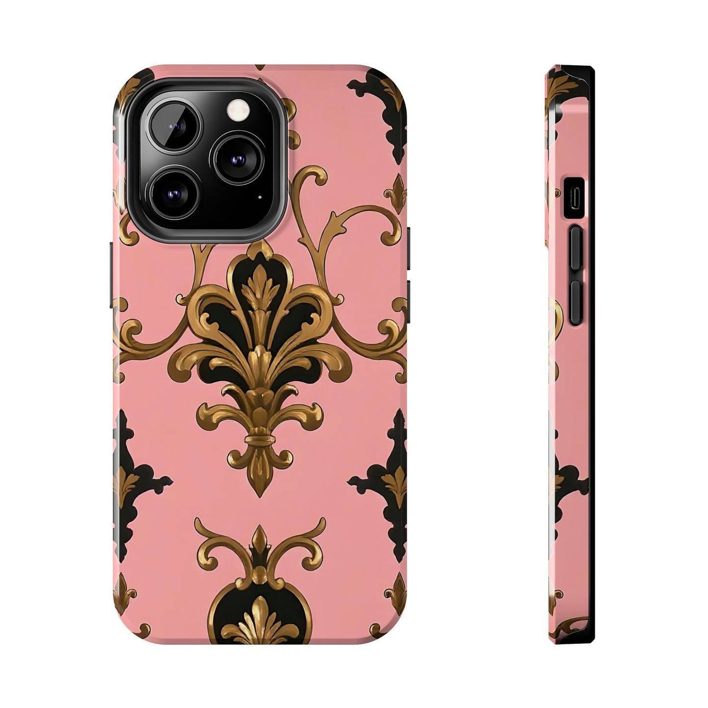 Chic Tough Phone Cases with Floral Design, Elegant Phone Cover, Durable Smartphone Case, Stylish Tech Accessory - Pink, Black & Gold Rococo