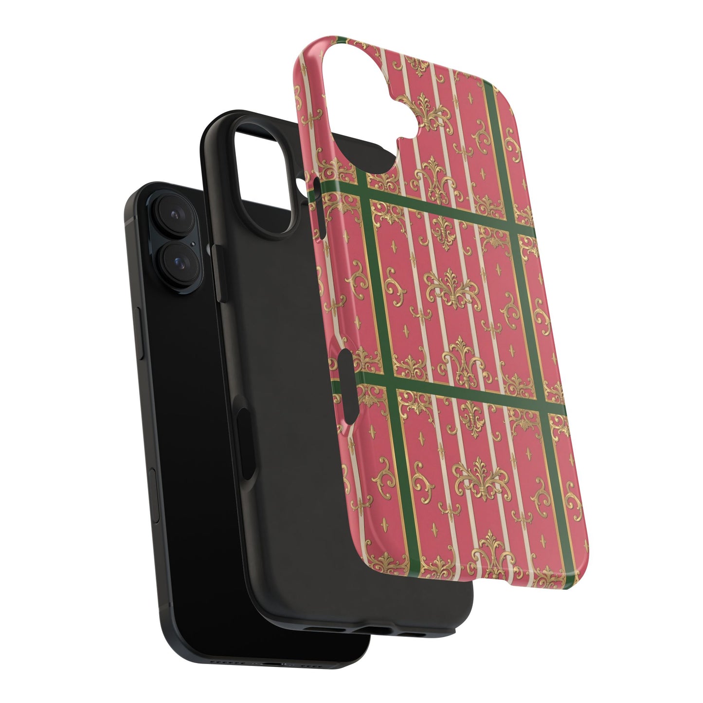 Elegant Green Border Pink Striped Baroque Phone Cases, Tough Phone Cases for Protection, Stylish Mobile Accessories, Gift for Her, Holiday Tech Gifts