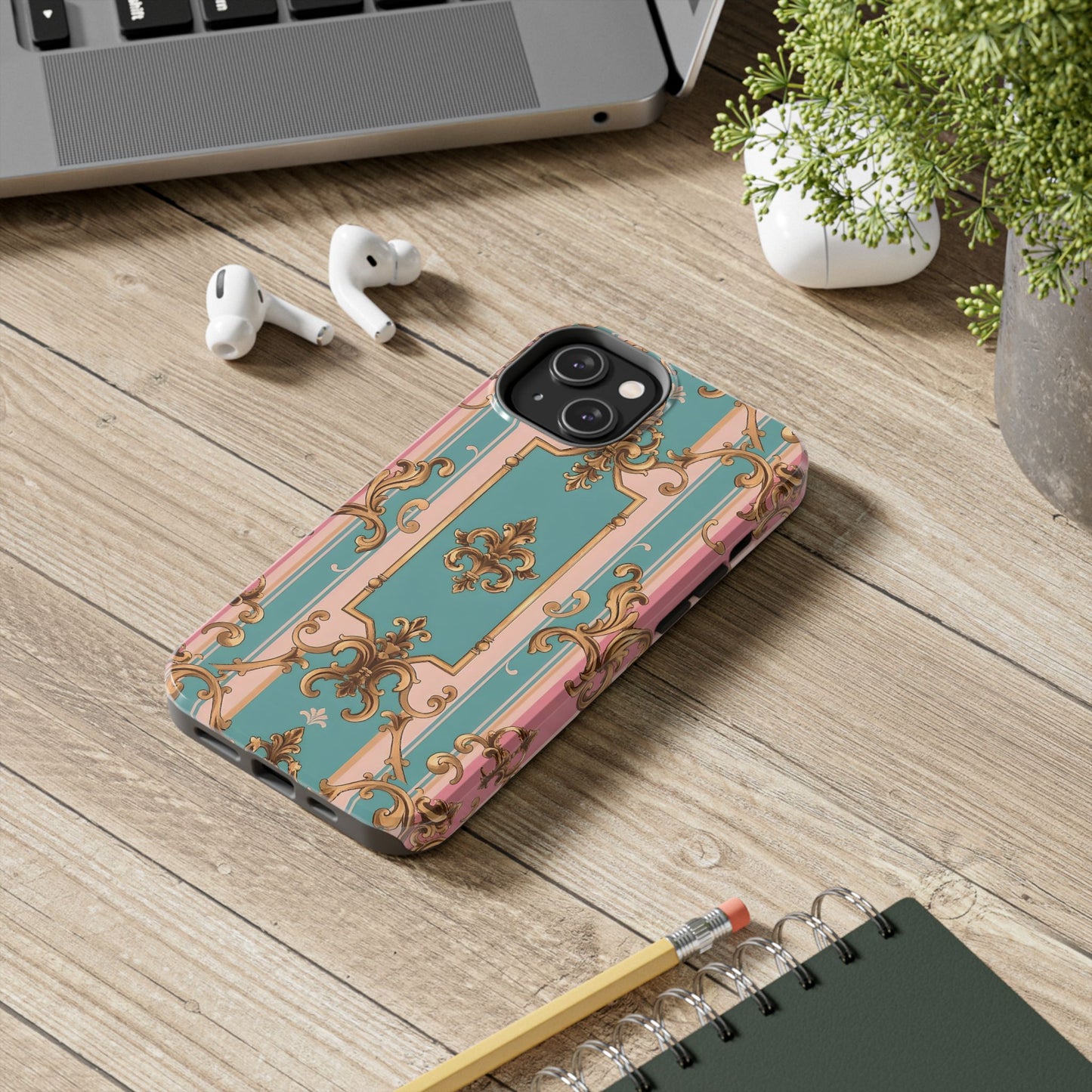 Elegant Floral Tough Phone Case, Artistic Phone Cover, Gift for Her, Chic Phone Accessory - Pink & Matte Turquoise Striped Rococo
