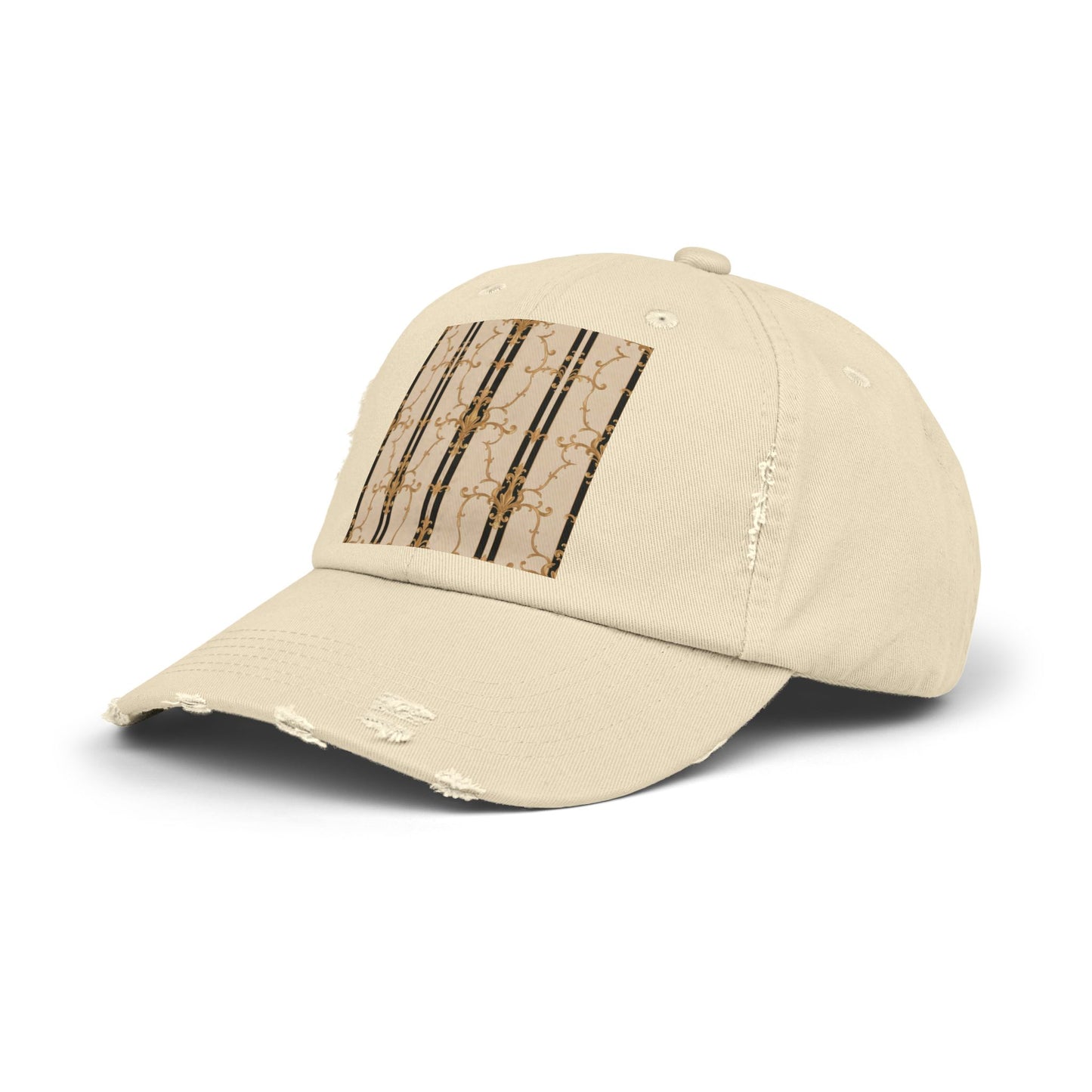 Chic Distressed Cap, Trendy Unisex Hat, Casual Summer Accessory, Perfect Gift for Fashion Lovers - Black & Beige Striped Damask