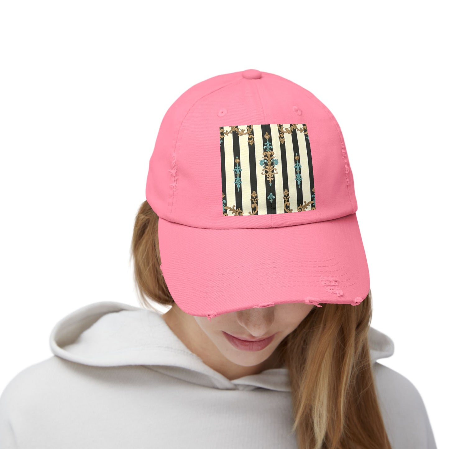 Trendy Distressed Cap for Fashion Lovers, Casual Cap, Gift for Him, Gift for Her - Black Striped Turquoise & Black Rococo