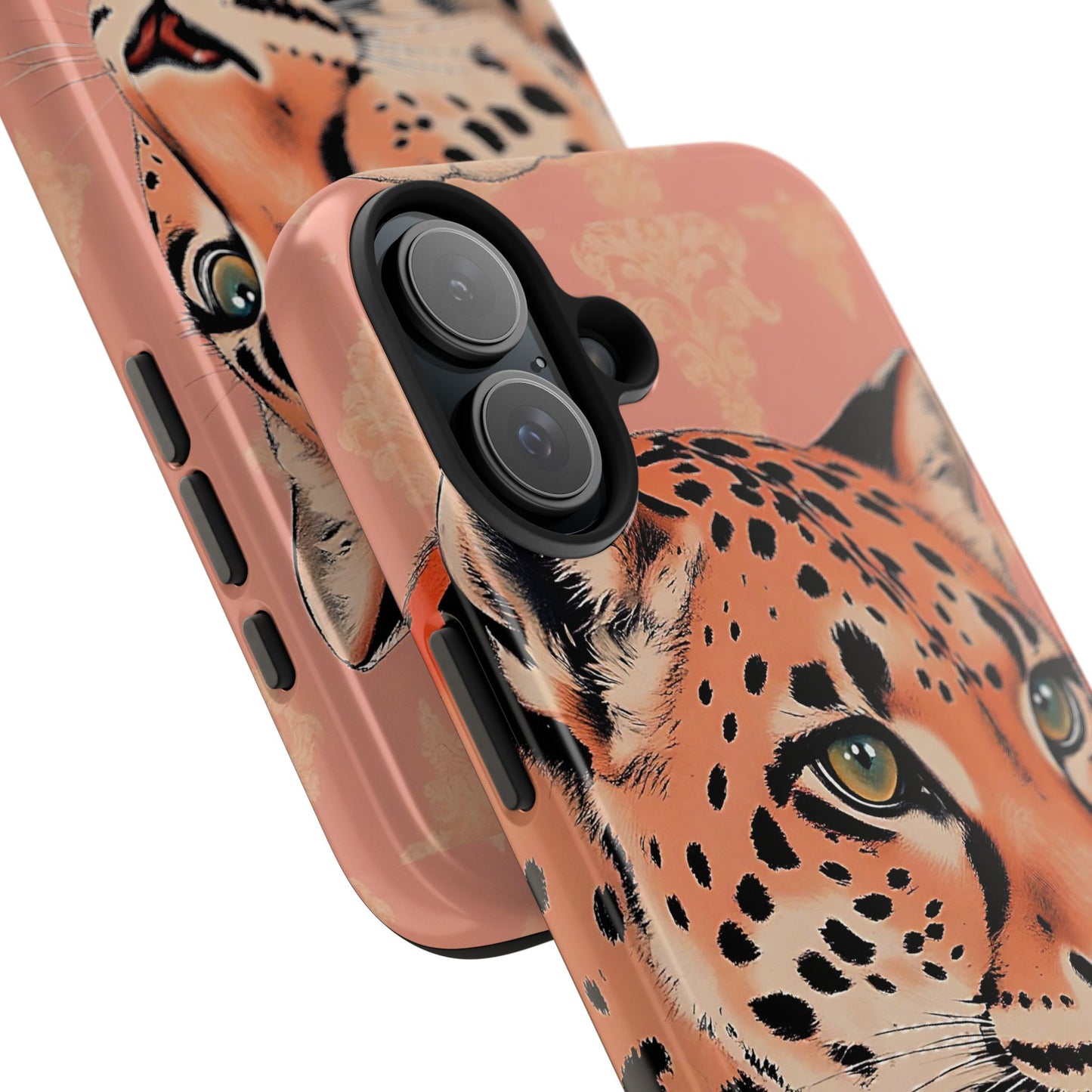 Leopard Tough Phone Case - Trendy Floral Motif Design for Animal Lovers - Peach Leopard & Damask