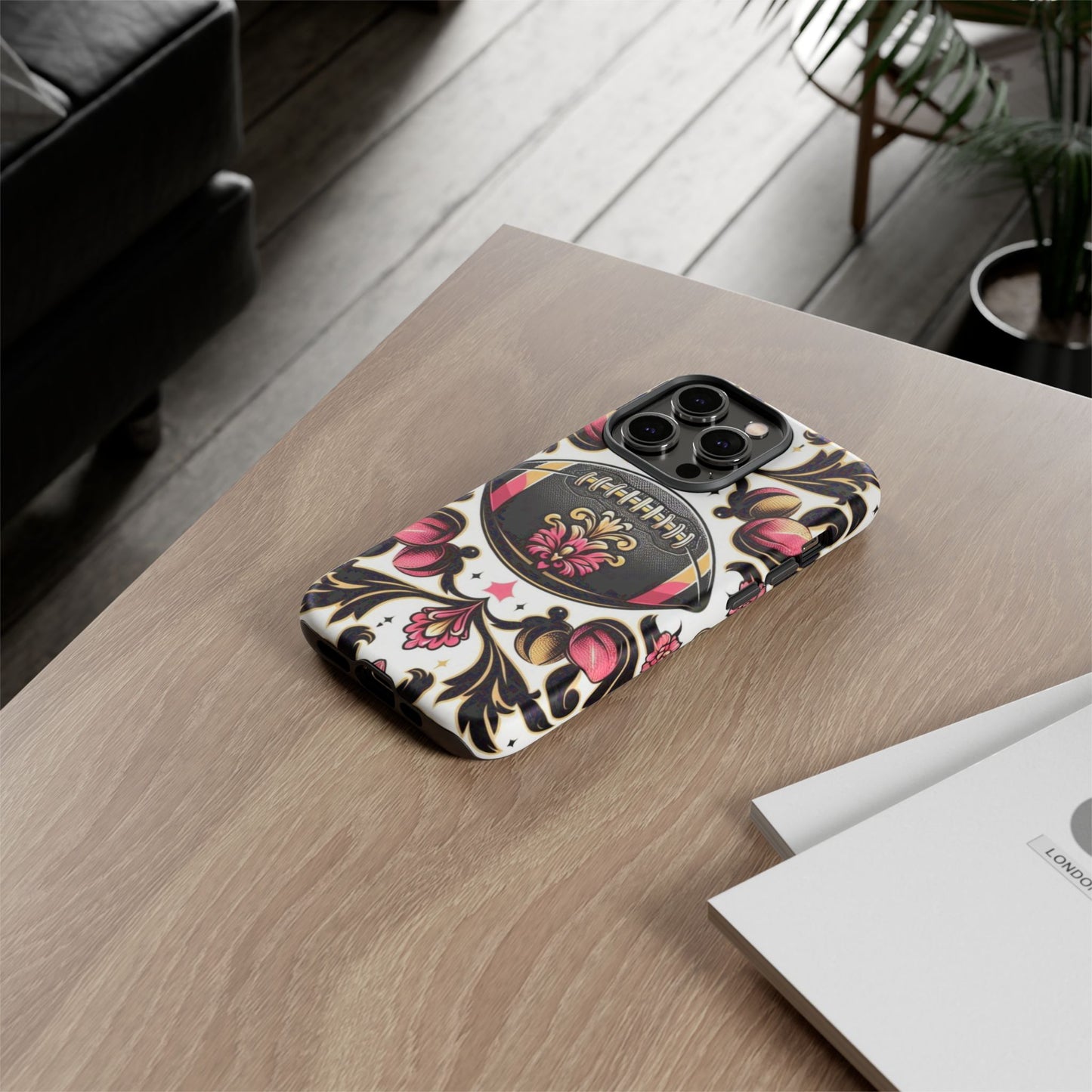 Elegant Floral Motif Phone Case - Tough Cases with Vintage Design - Damask White, Pink Gold & Black Football