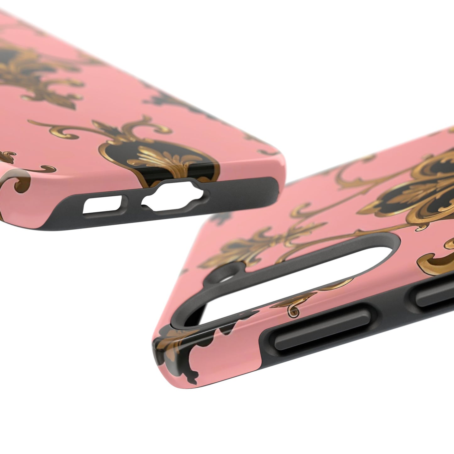 Chic Tough Phone Cases with Floral Design, Elegant Phone Cover, Durable Smartphone Case, Stylish Tech Accessory - Pink, Black & Gold Rococo