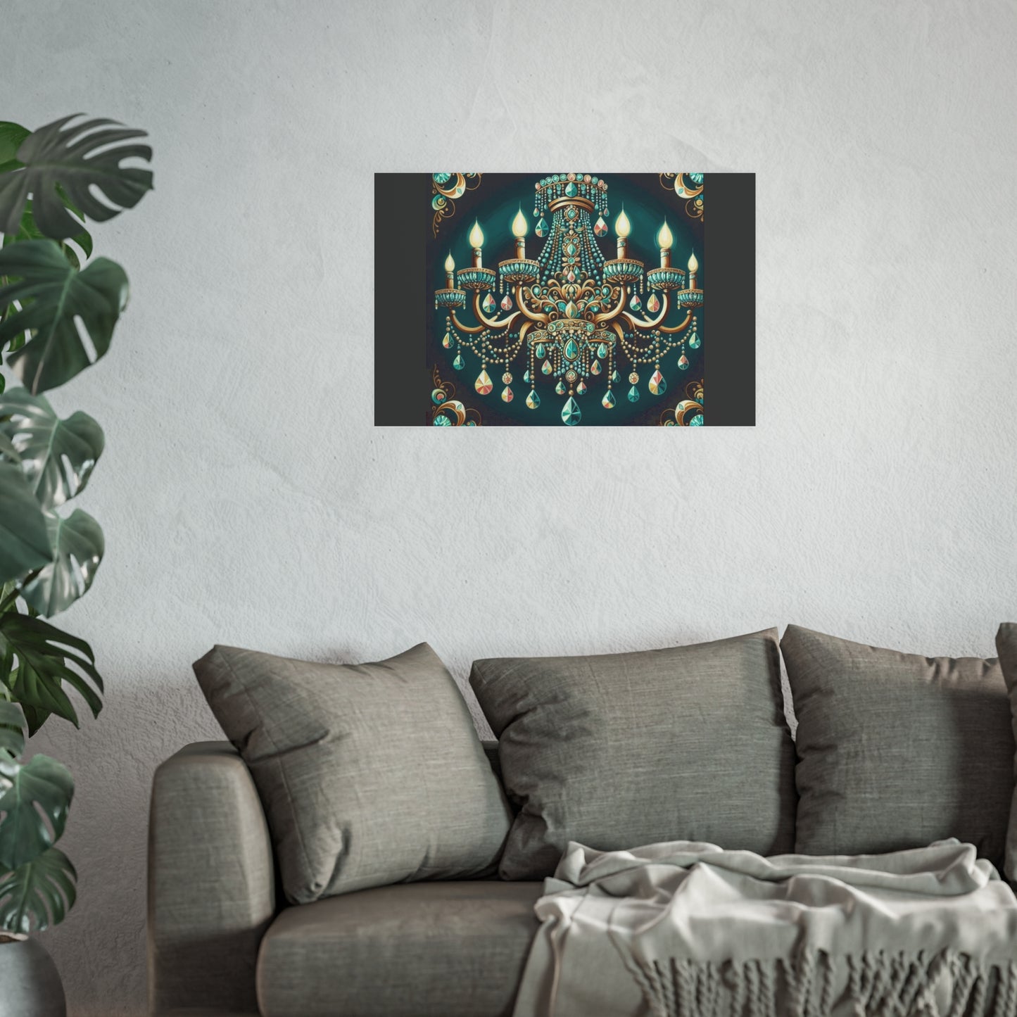 Elegant Chandelier Poster - Luxurious Wall Art for Home Décor - Teal Jeweled Chandelier