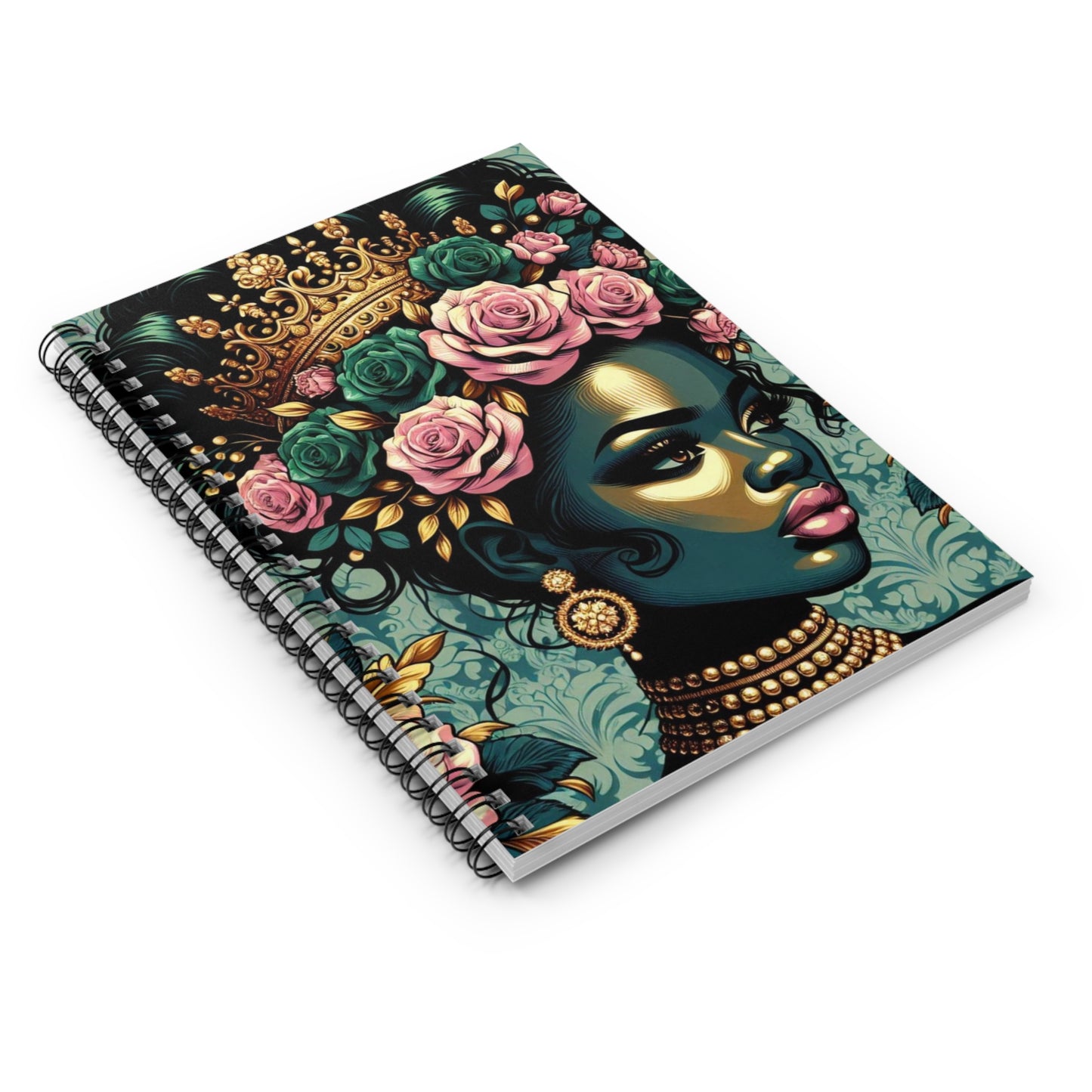 Elegant Vintage Spiral Notebook - Ruled Line with Teal Lady & Damask Design