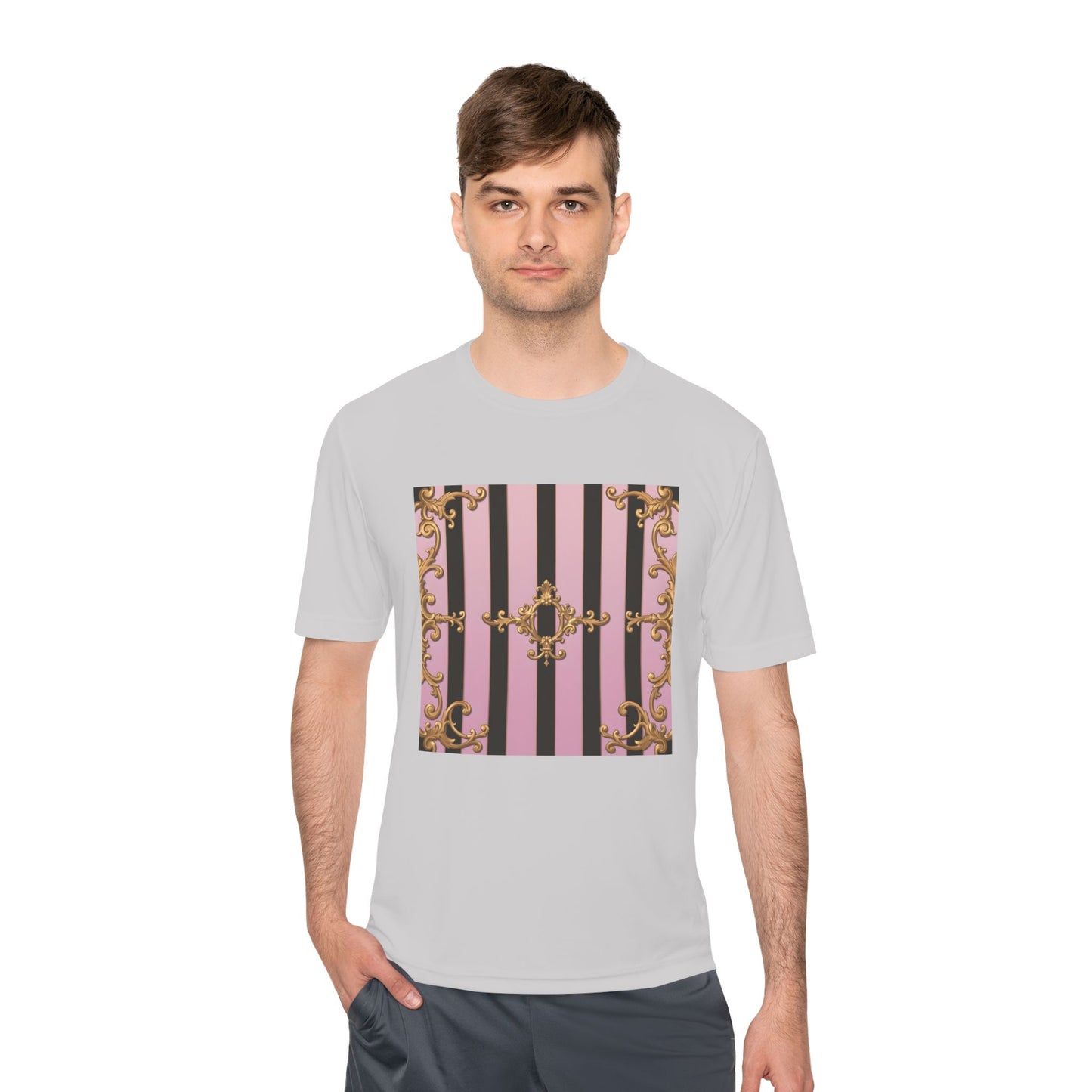 Elegant Striped Unisex Moisture Wicking Tee, Stylish Workout T-Shirt, Fashionable Athletic Top - Matte Lavender & Black Striped Gold Baroque