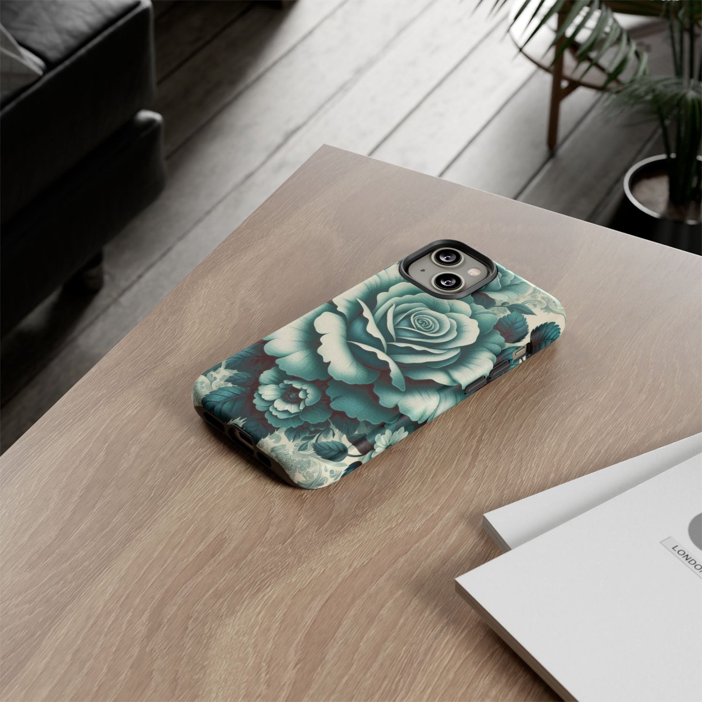 Elegant Floral Motif Phone Case - Tough Cases with Vintage Design - Teal Roses & Damask