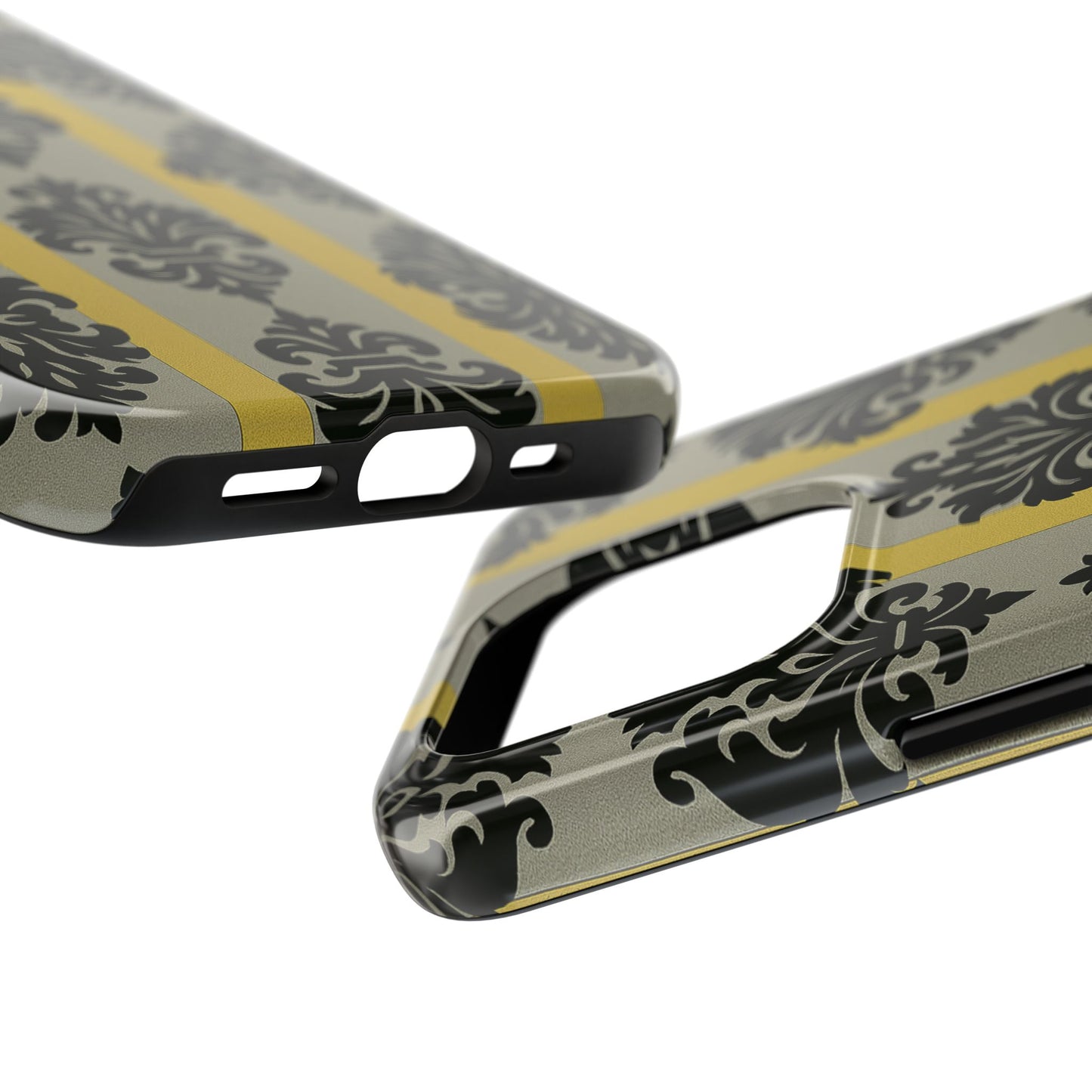 Elegant Baroque Tough Phone Cases | Chic Phone Protection | Gift for Her | Stylish Accessory | Holiday Gift Idea | Silver & Gold Striped Black Baroque