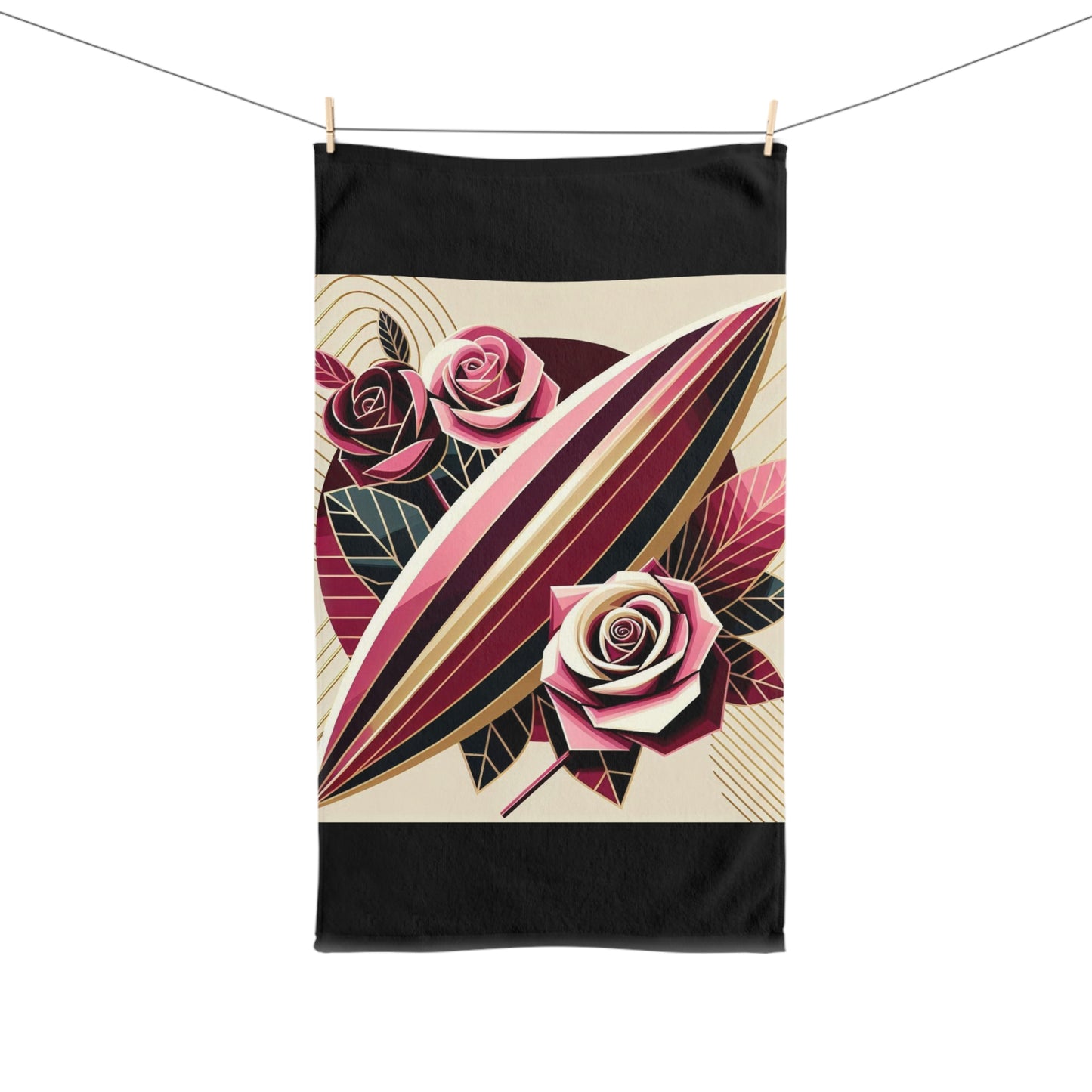 Elegant Floral Hand Towel - Rose Design for Home Decor & Gifts - Pink & Burgundy Striped Surfboard & Roses Design