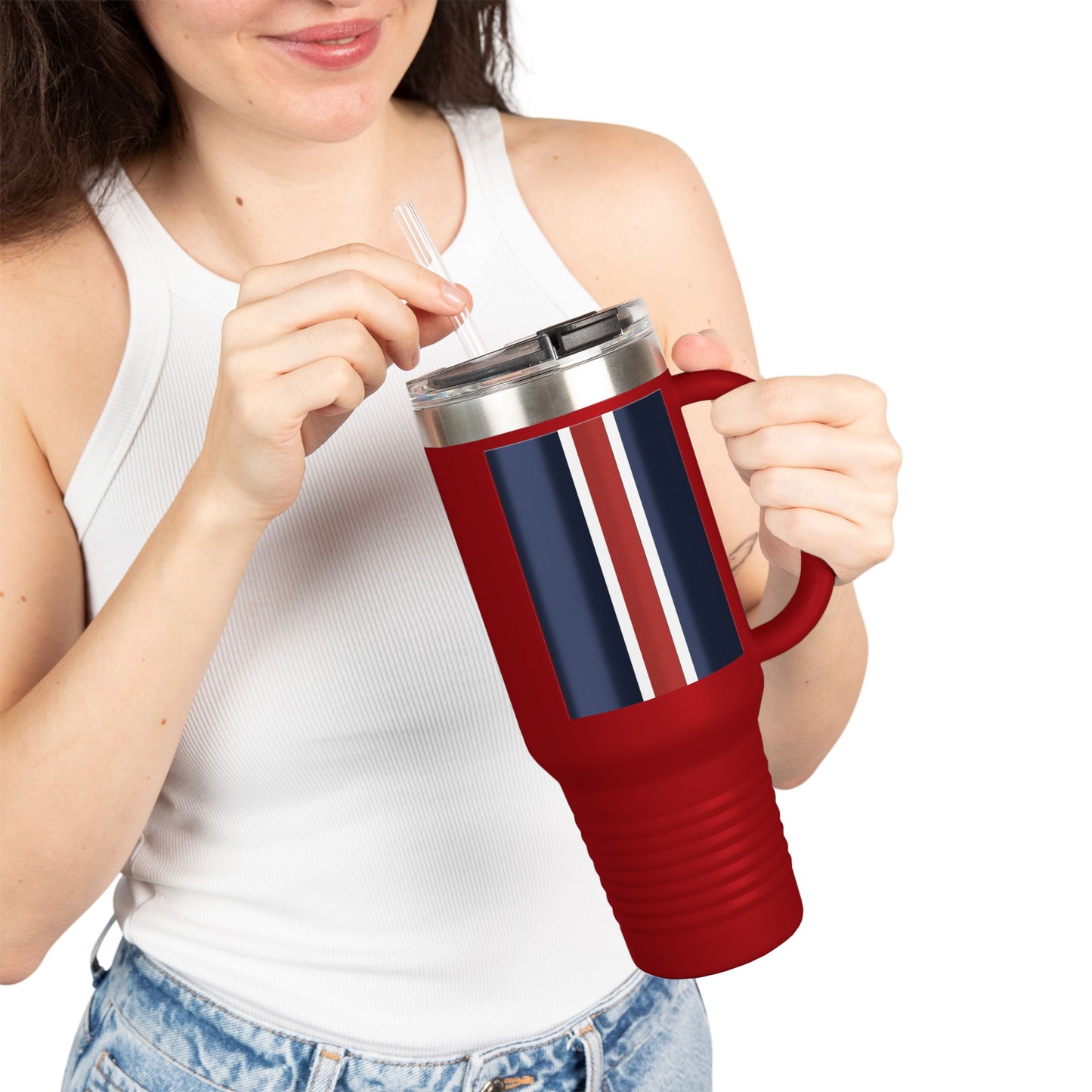 Lunar Midnight & Red-White Striped Stylish Insulated Travel Mug - Perfect for Adventure Seekers | 40oz Hot & Cold Beverage Container