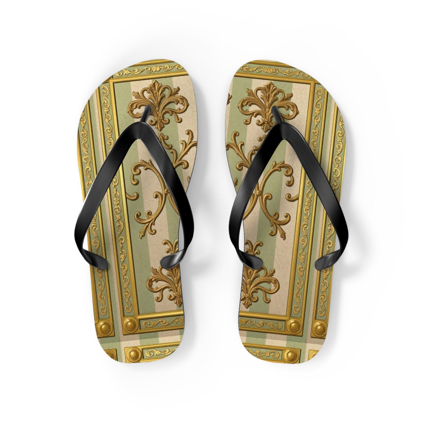 Elegant Floral Flip Flops for Summer, Beach Footwear, Stylish Sandals, Vacation Essentials, Outdoor Slip-On Shoes - Mint & Beige Striped Gold Baroque