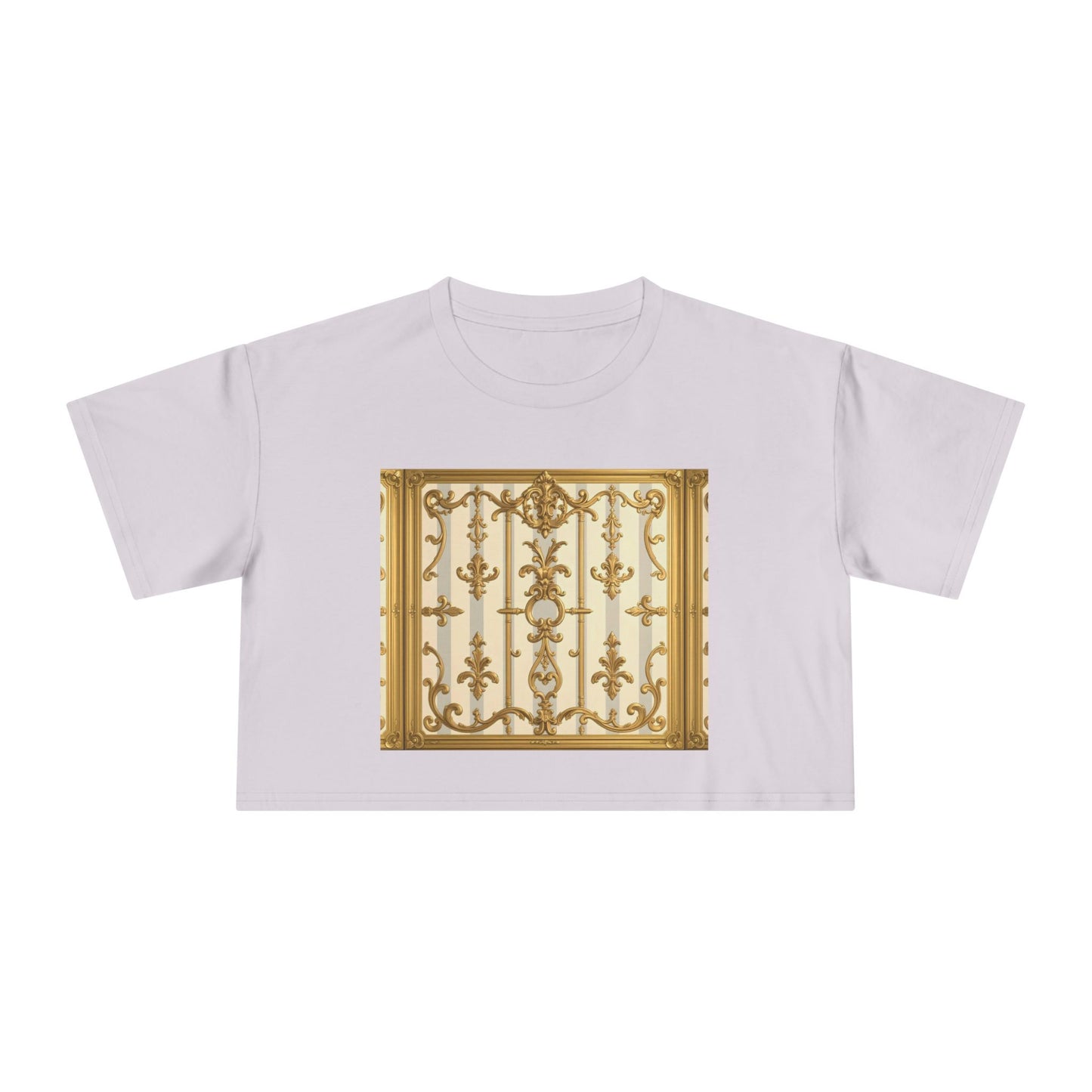 Elegant Vintage Women's Crop Tee, Stylish Oversized Top, Casual Summer Shirt, Trendy Women's Apparel - Matte Gray & Cream Striped Gold Baroque