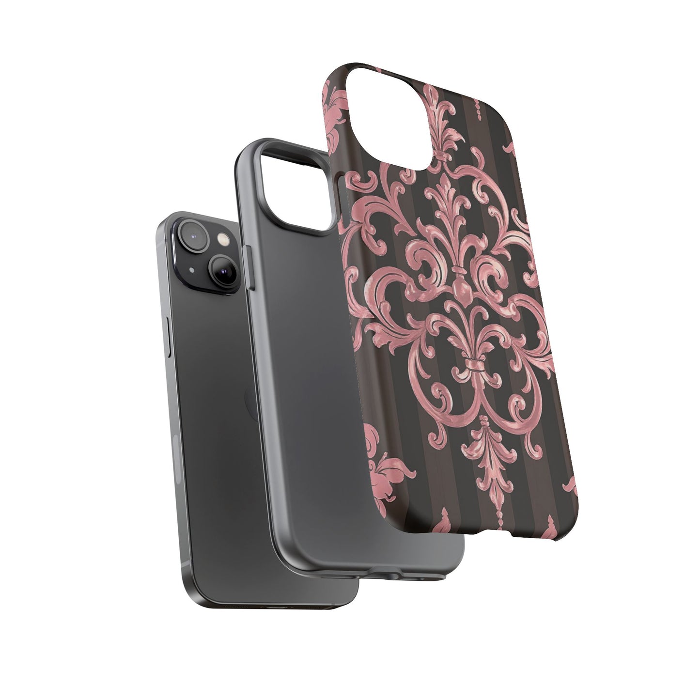 Elegant Floral Motif Phone Case - Tough Cases with Vintage Design - Brown Striped Mauve Damask