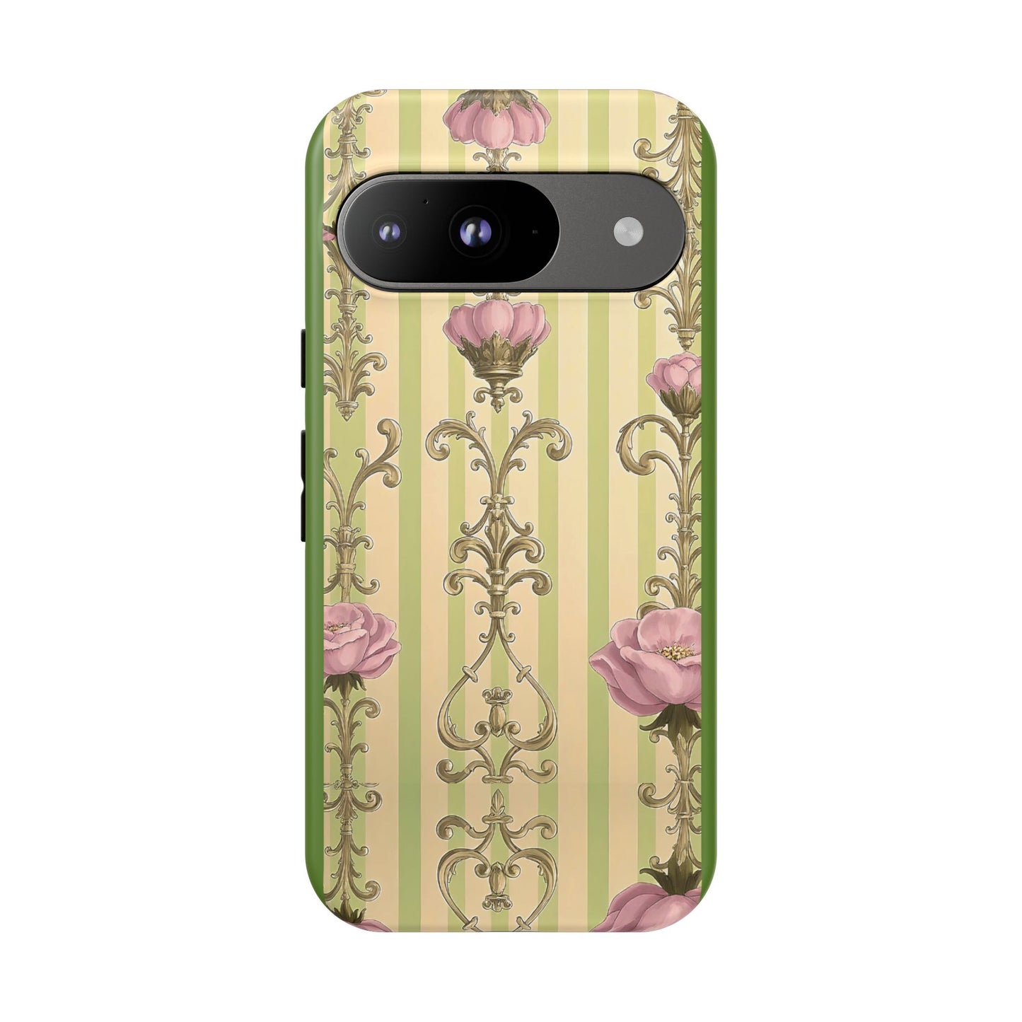 Elegant Floral Motif Phone Case - Tough Cases with Vintage Design - Lime Green & Pink Striped Damask