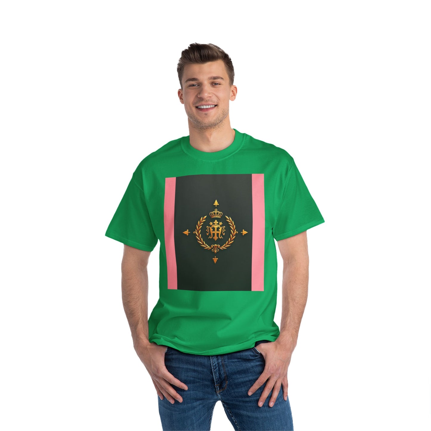 Short-Sleeve Graphic T-Shirt, Stylish Casual Wear, Trendy Gift for Friends, Summer Fashion, Statement Tee, Everyday Comfort - Pink Striped Gold Crest
