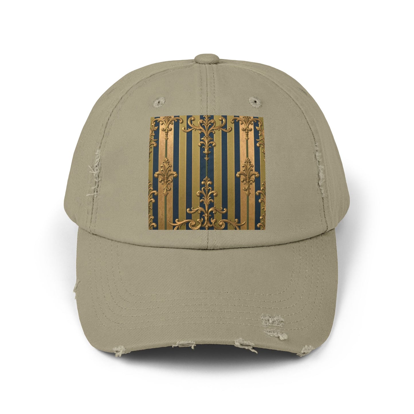 Stylish Midnight Blue & Olive Striped Gold Baroque Unisex Distressed Cap with Elegant Gold Accent, Fashionable Hat for Casual Days, Gift for Birthdays
