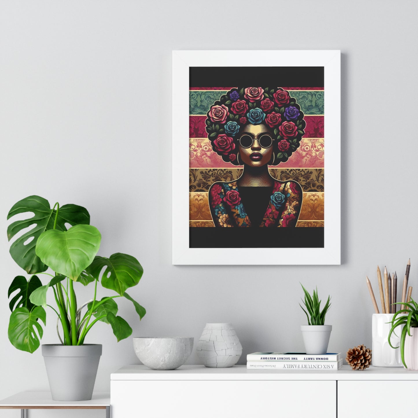 Vertical Poster Lady In Damask & Roses Wall Art