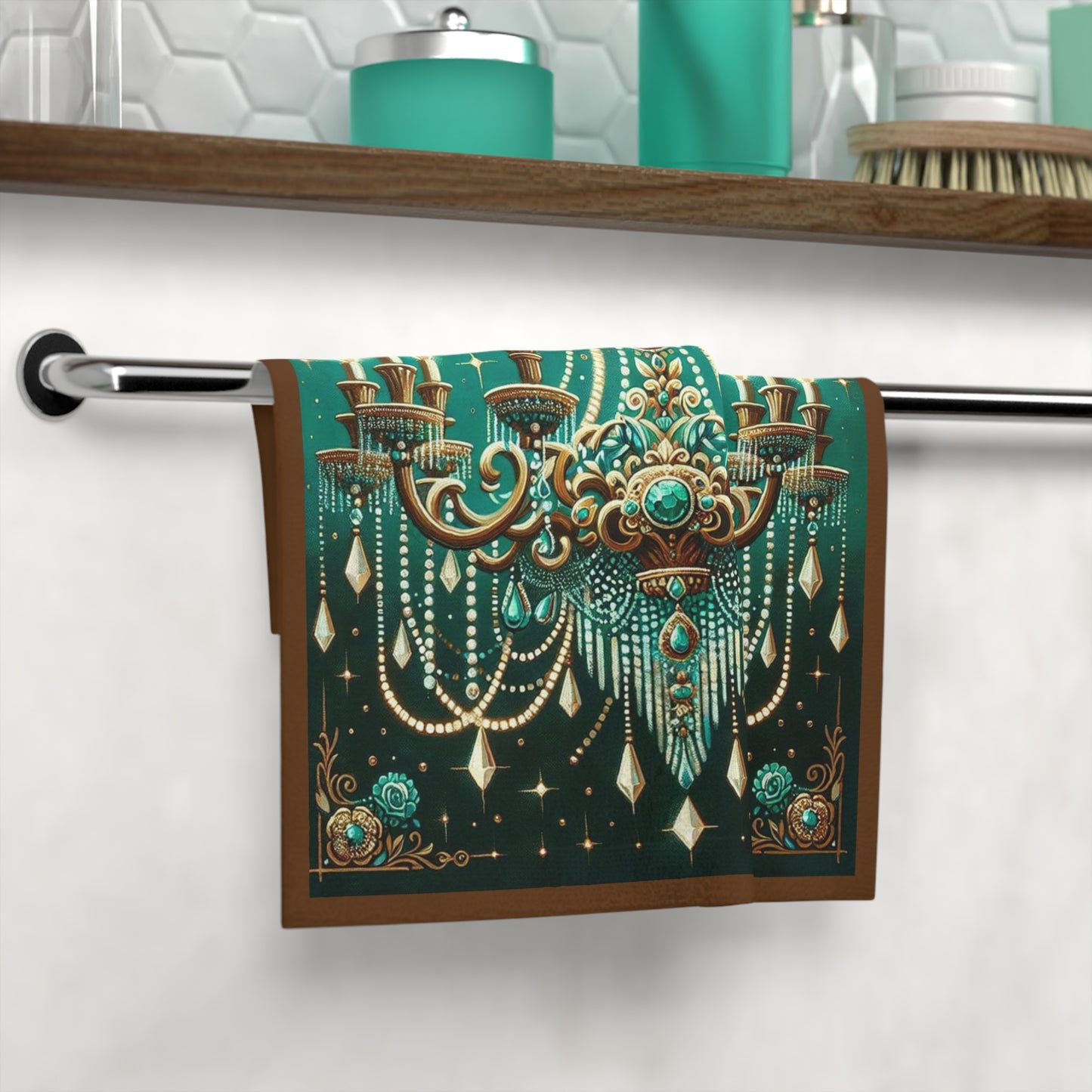 Chandelier-Inspired Face Towel | Elegant Bathroom Accessories, Gift for Home Decor, Wedding Gift, Spa Towel - Green & Gold Jeweled Chandelier
