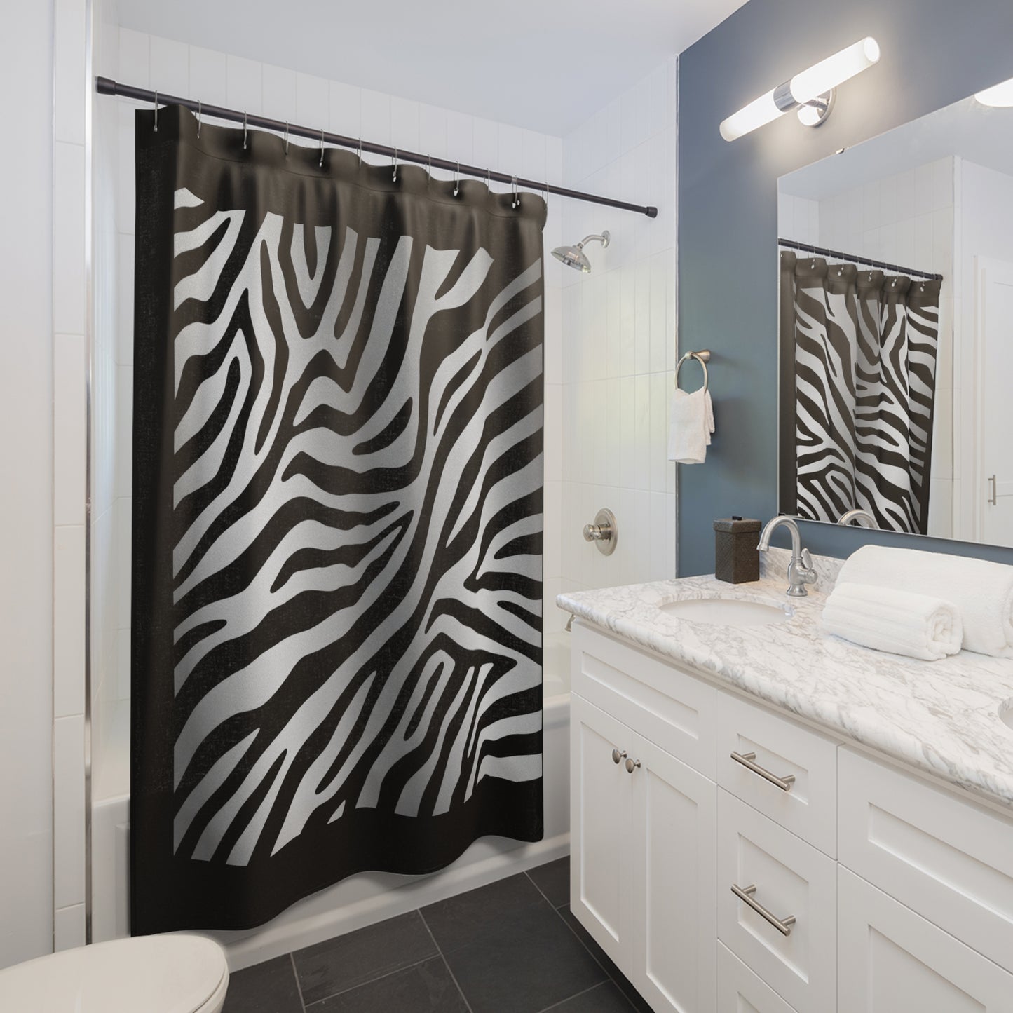 Modern Zebra Print Shower Curtain - Stylish Bathroom Decor - Black Trim