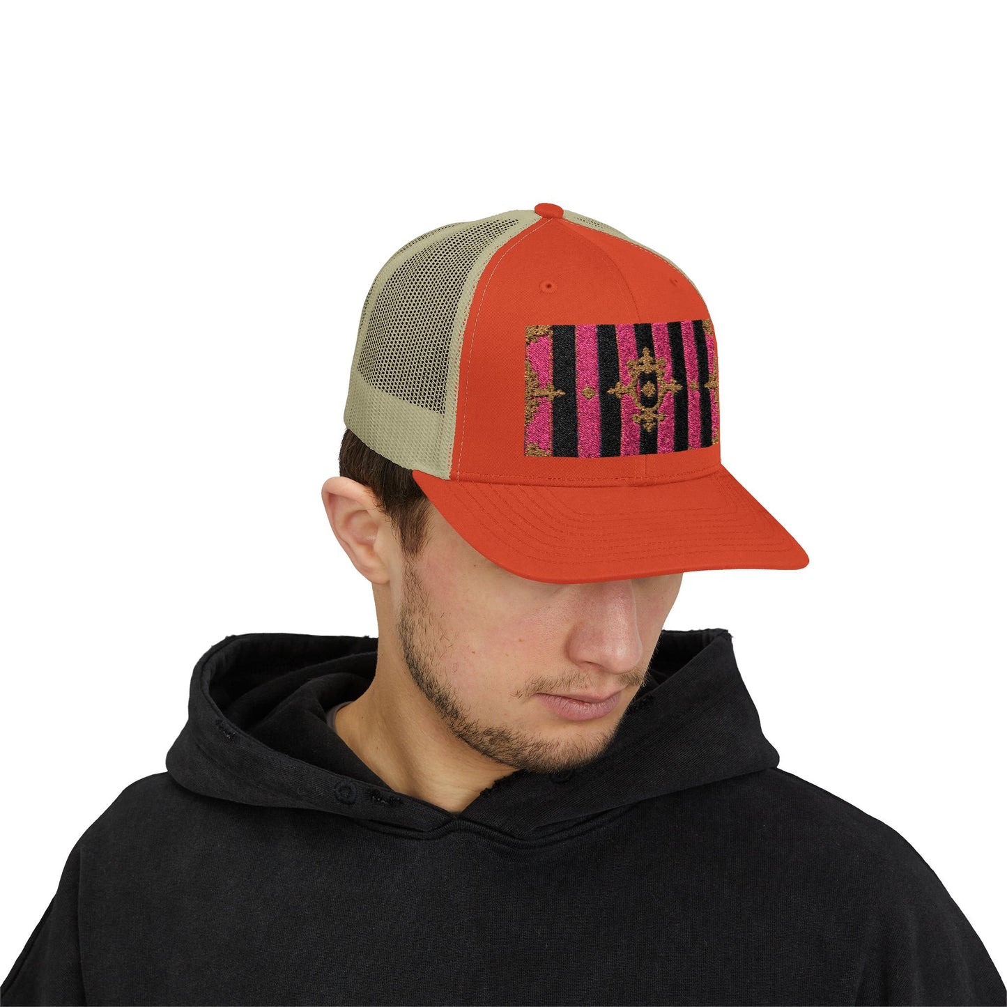 Stylish Snapback Trucker Cap with Black & Mauve Striped Gold Baroque, Trendy Fashion Hat, Perfect Gift for Him/Her