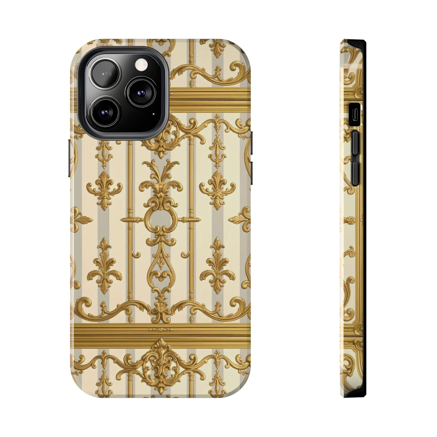 Elegant Gold Pattern Tough Phone Cases | Stylish Phone Covers, Trendy Cell Phone Accessories - Matte Gray & Cream Striped Gold Baroque