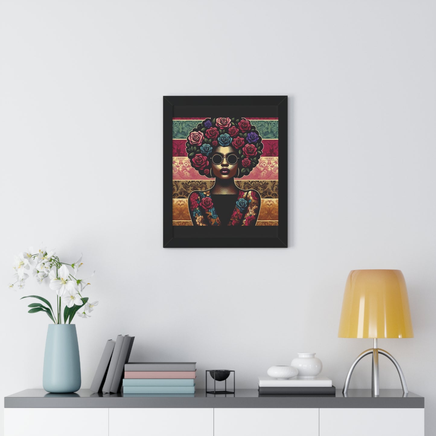 Vertical Poster Lady In Damask & Roses Wall Art