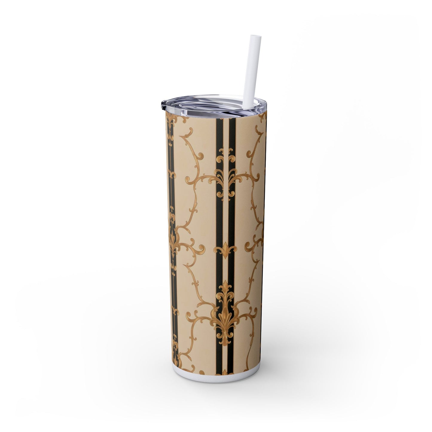 Elegant Gold Patterned Skinny Tumbler with Straw, 20oz | Stylish Travel Mug, Gift for Her, Fancy Drinkware - Black & Beige Striped Damask
