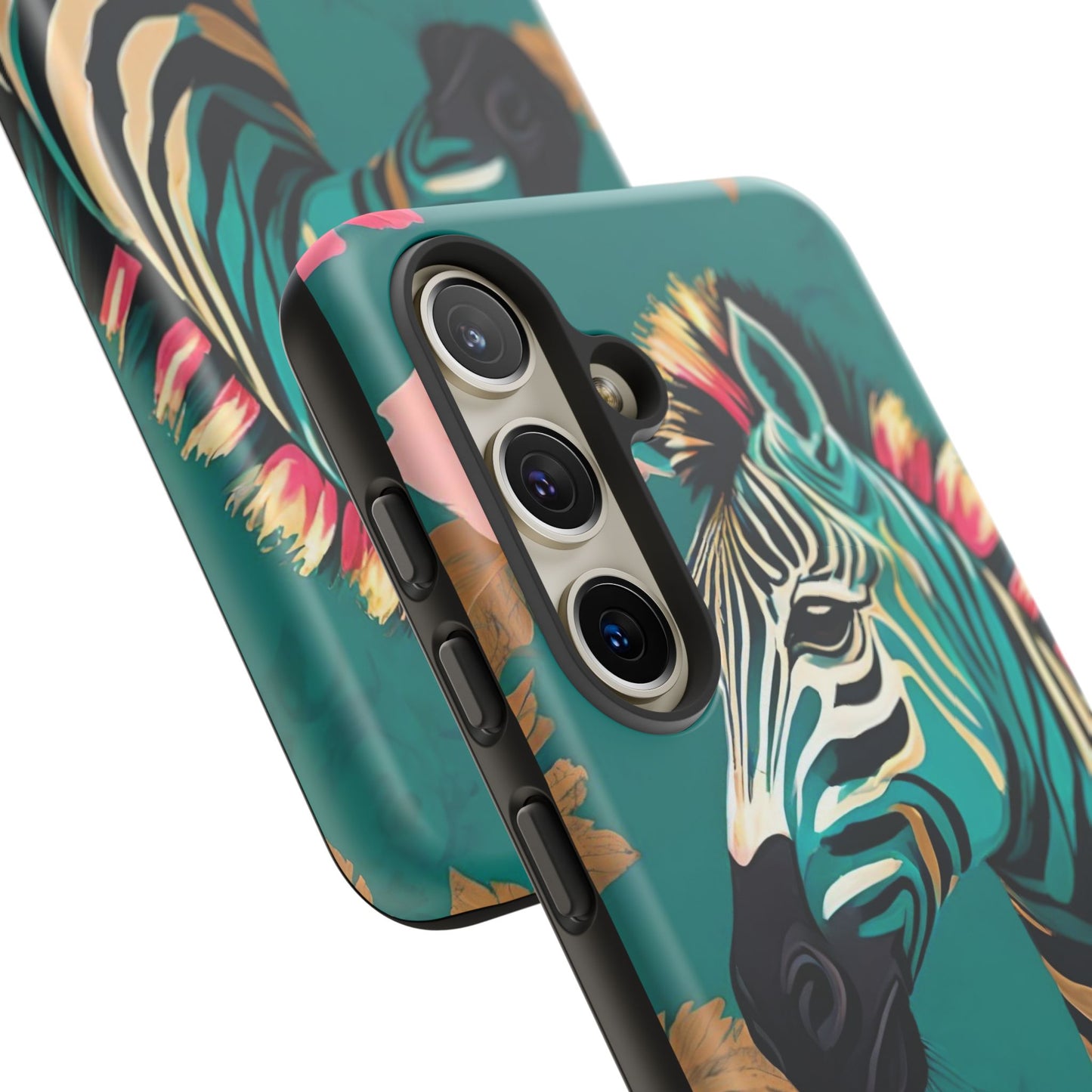Phone Case - Elegant Teal & Gold Zebra & Roses Design