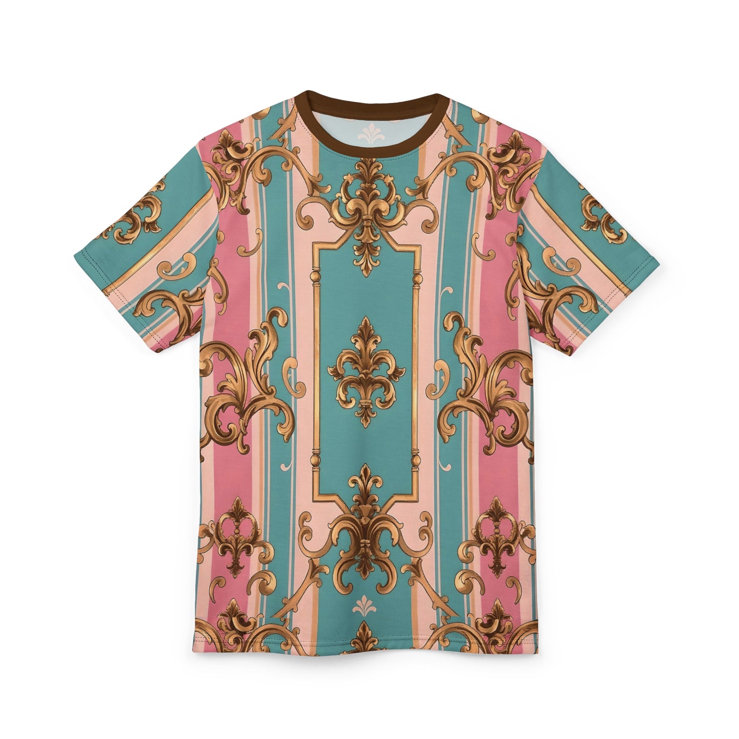Rococo Style Unisex Cut & Sew Tee, Trendy AOP T-Shirt, Unique Graphic Tee, Fashion Statement - Pink & Matte Turquoise Striped Rococo