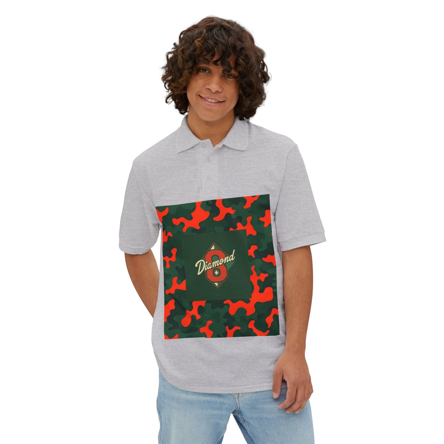 Stylish Men's Piqué Polo with Unique Diamond Camo Design - Casual Wear, Gifts for Him, Father's Day - Green & Orange Camo Diamond 8